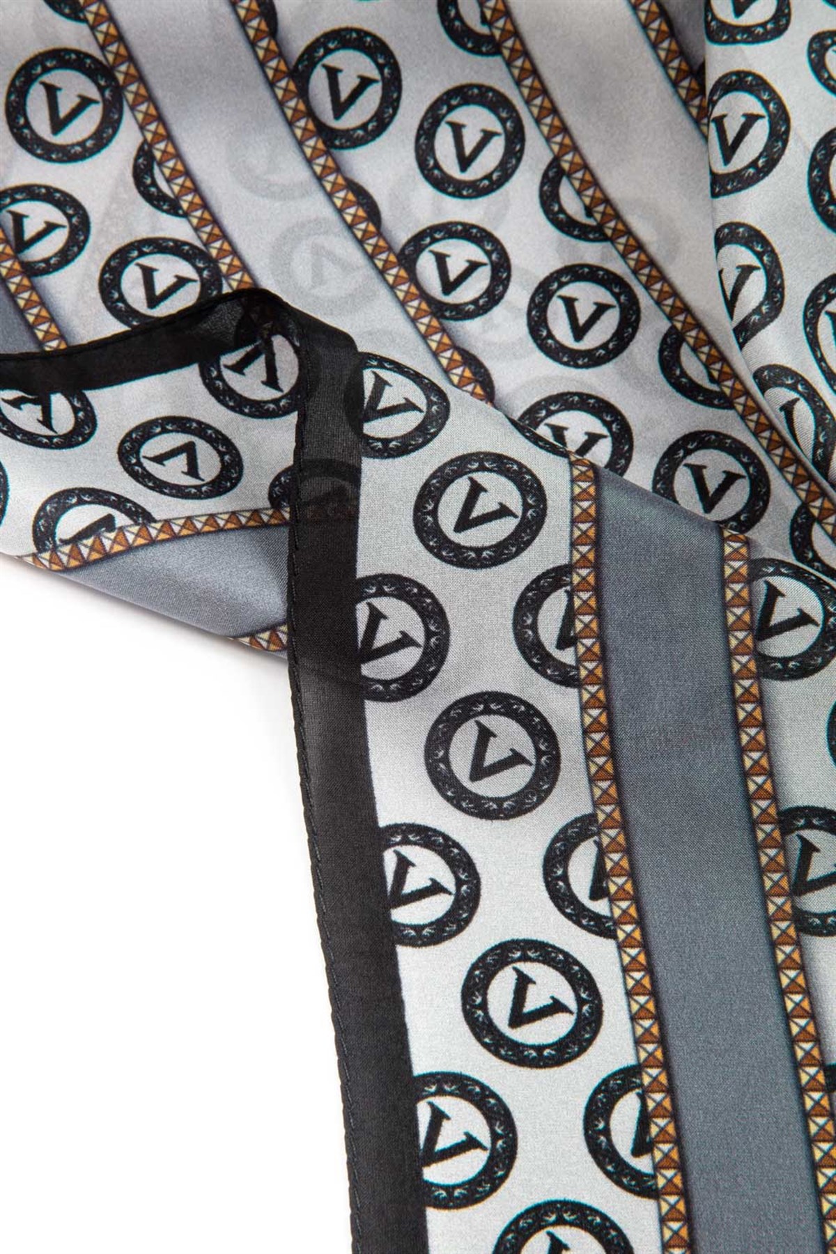 %100 Saf İpek Şal İnce Saten Vual Dokuma Monogram Desenli Gümüş - Gri Renkli 90x210 Şal