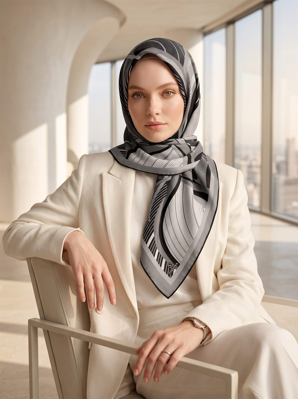 %100 Twill İpek Çizgili Geometrik Desenli Siyah - Füme Renkli 90x90 Eşarp Dikim Şekli : El Dikişi
