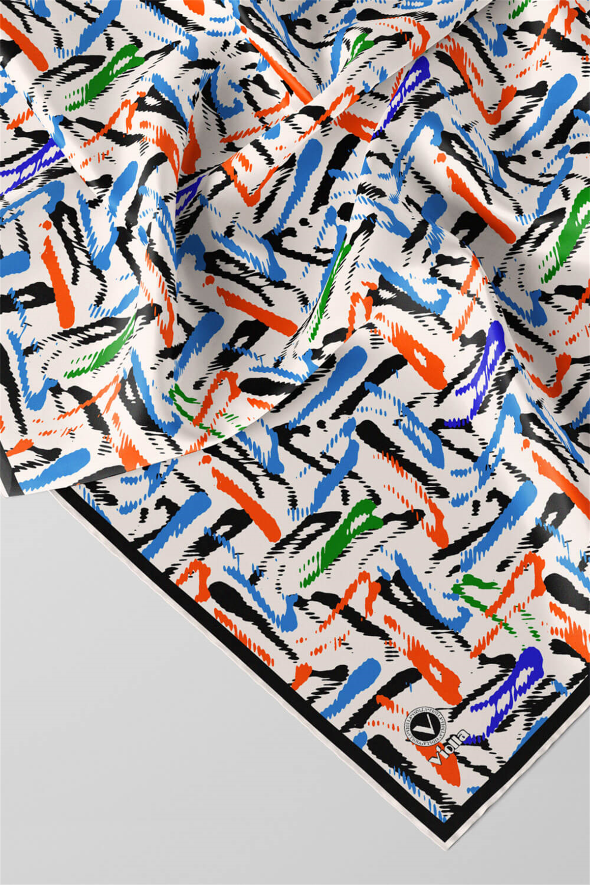 Twill Geometrik Desenli Bebe Mavisi - Turuncu Renkli 90x90 Eşarp (İpek İçermez) Dikim Şekli : El Dikişi