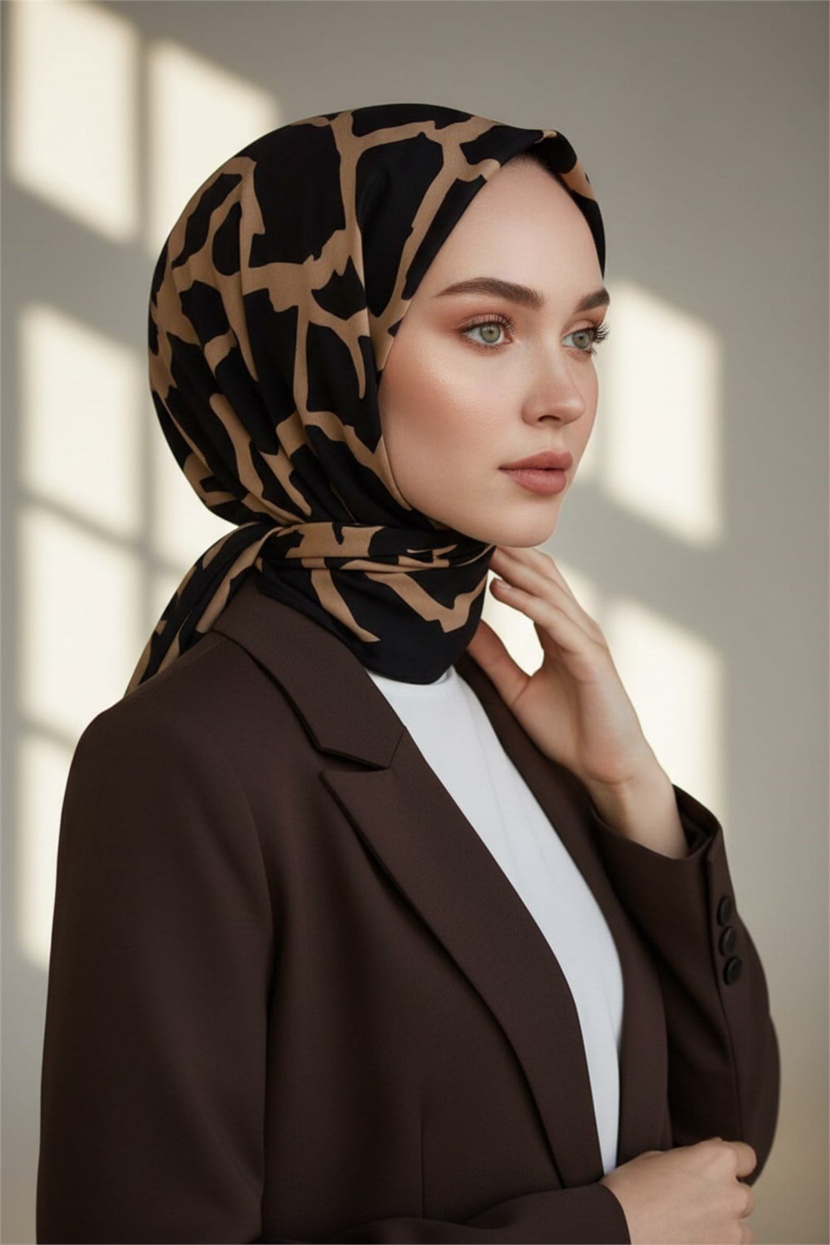 KREP TAŞ DESENLİ SİYAH - VİZON RENKLİ 75X195 KIRIŞMAZ ŞAL