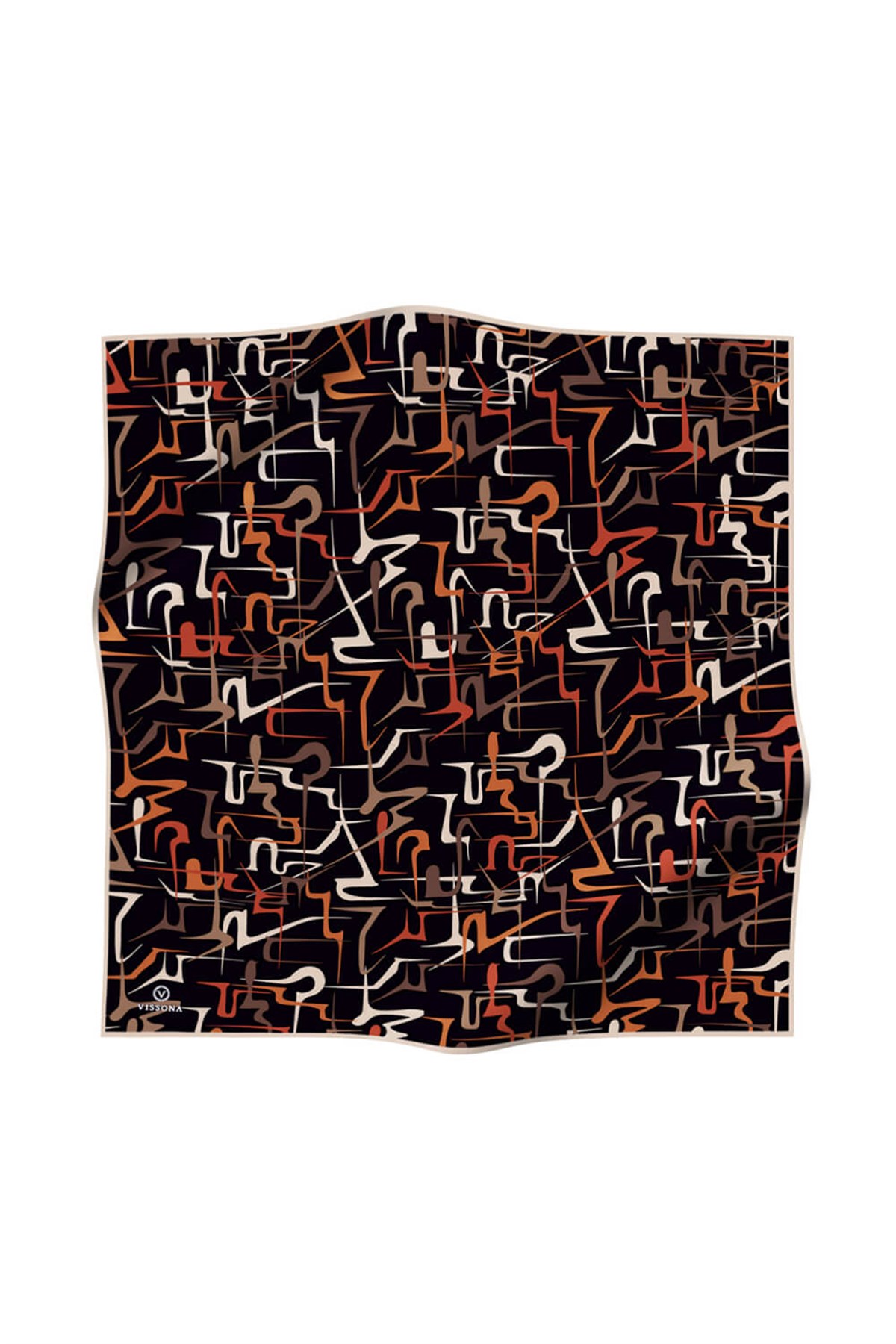 %100 Twill İpek Soyut Geometrik Desenli Taba - Sütlü Kahve Renkli 90x90 Eşarp Dikim Şekli : El Dikişi