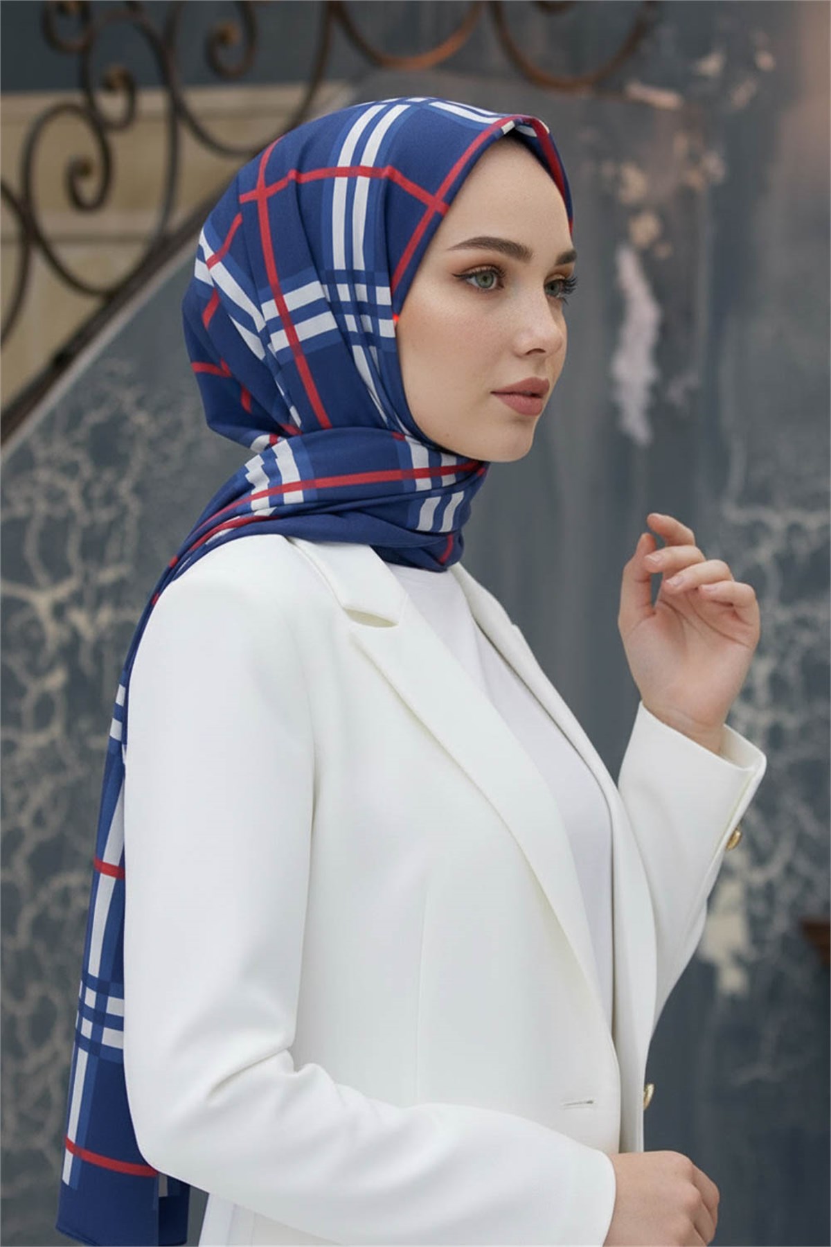 Krep Şal 75x195 Lacivert Ekose Desenli Kırışmaz Kadın Şal