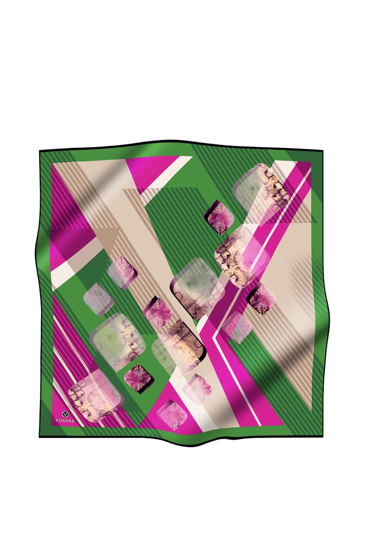 %100 Twill İpek Geometrik Desenli Zümrüt Yeşili - Fuşya Renkli 90x90 Eşarp Dikim Şekli : El Dikişi