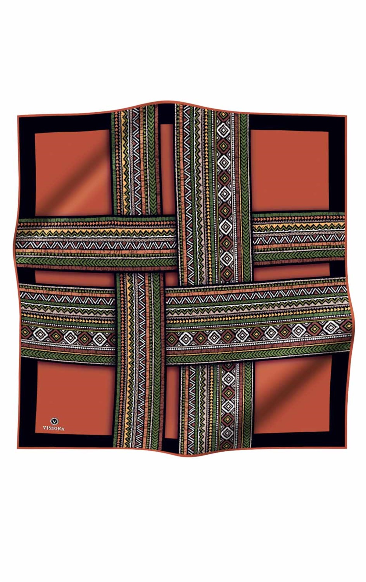 %100 Twill İpek Etnik Desenli Taba - Haki Renkli 90x90 Eşarp Dikim Şekli : El Dikişi