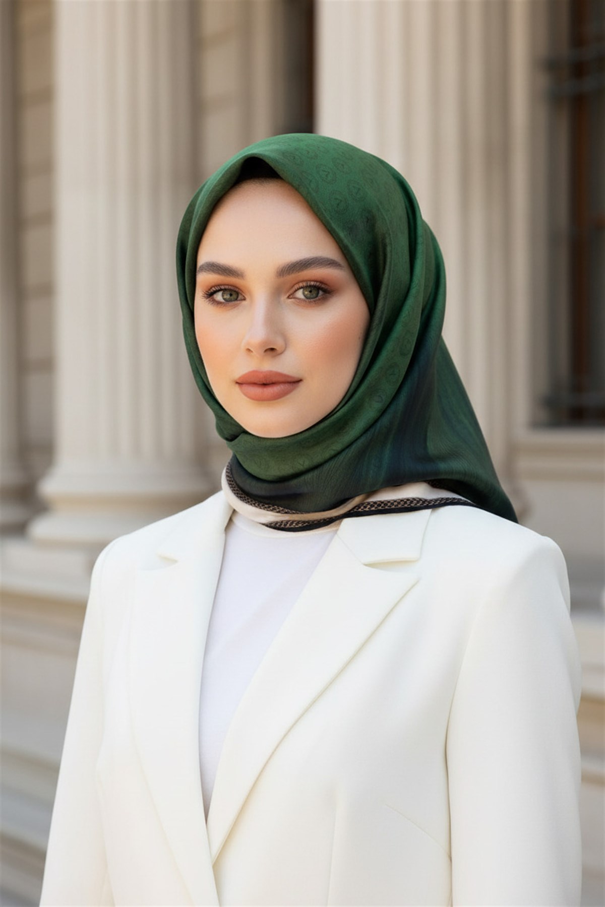 100% Twill İpek Monogram Desenli Zümrüt Yeşili Renkli 90x90 Dikim Şekli : El Dikişi Eşarp