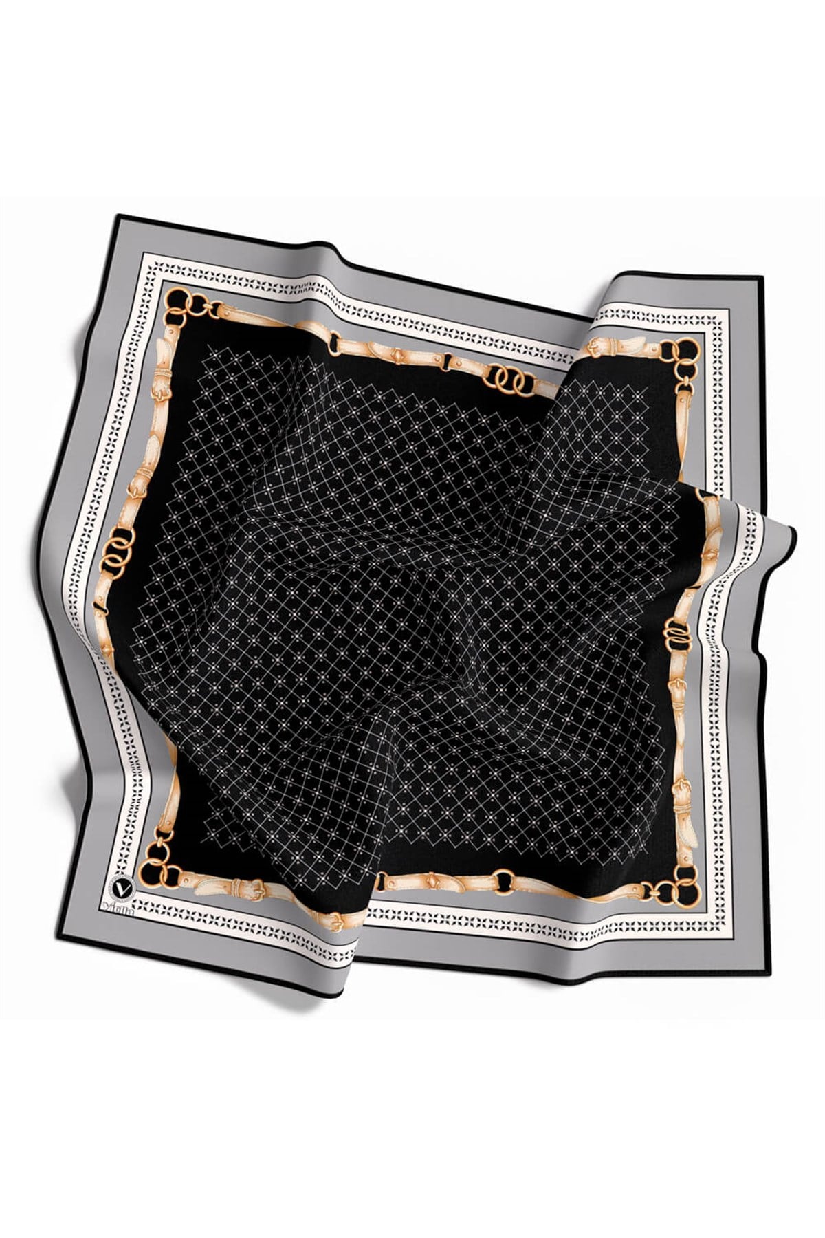 Twill Kemerli ve Çıtır Motifli Desenli Gri Renkli 90x90 Eşarp (İpek İçermez) Dikim Şekli : El Dikişi