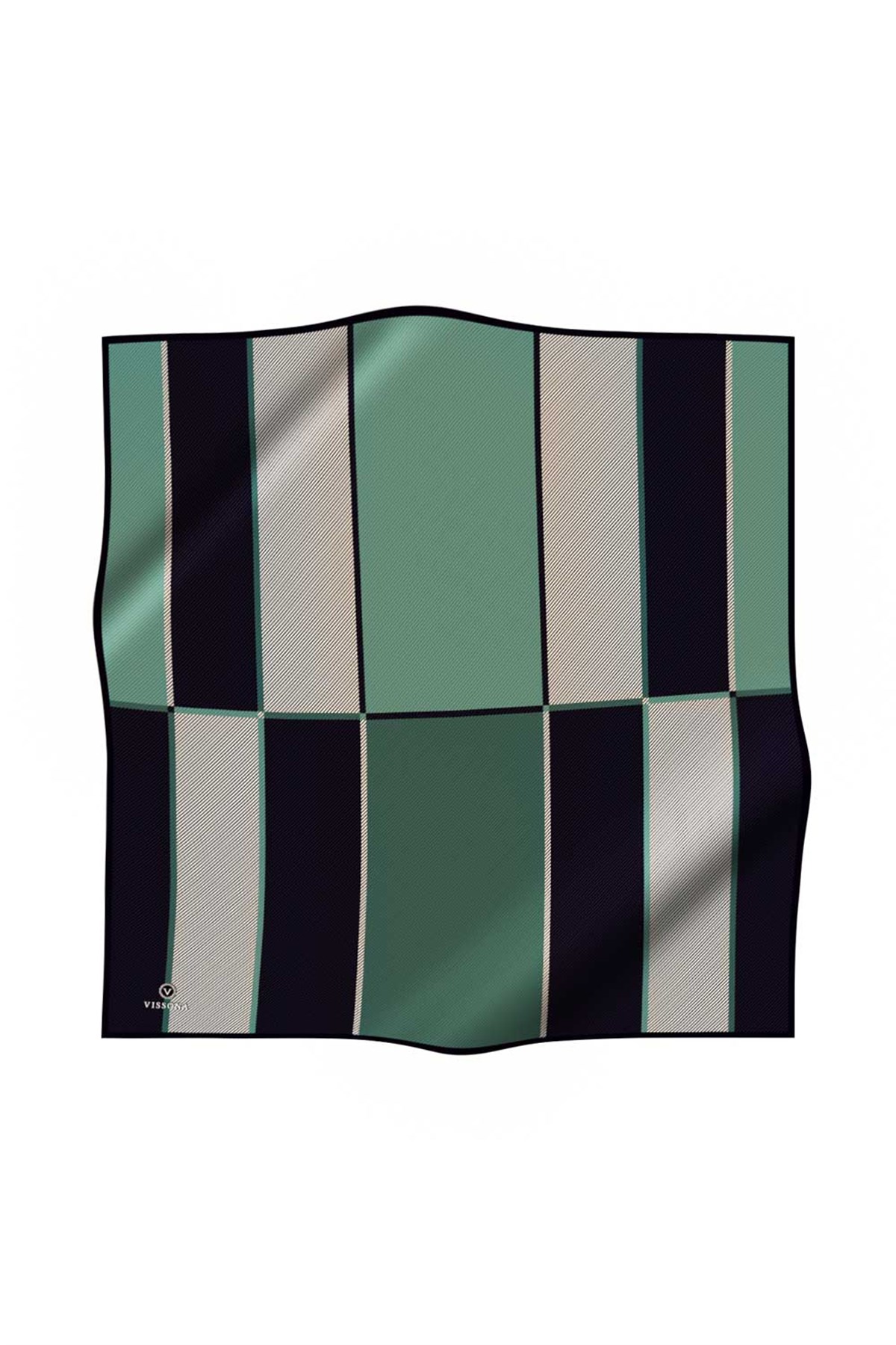 %100 Twill İpek Geometrik Desenli Petrol Yeşili Renkli 90x90 Eşarp Dikim Şekli : El Dikişi