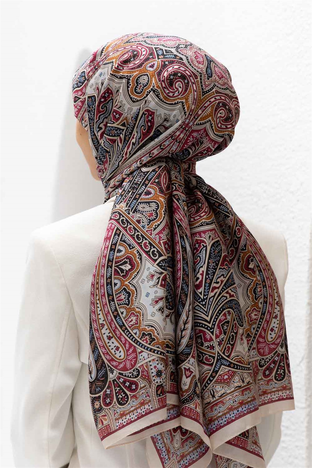 100% İpek Etro Desenli Taş - Bordo Renkli 92x210 Şal