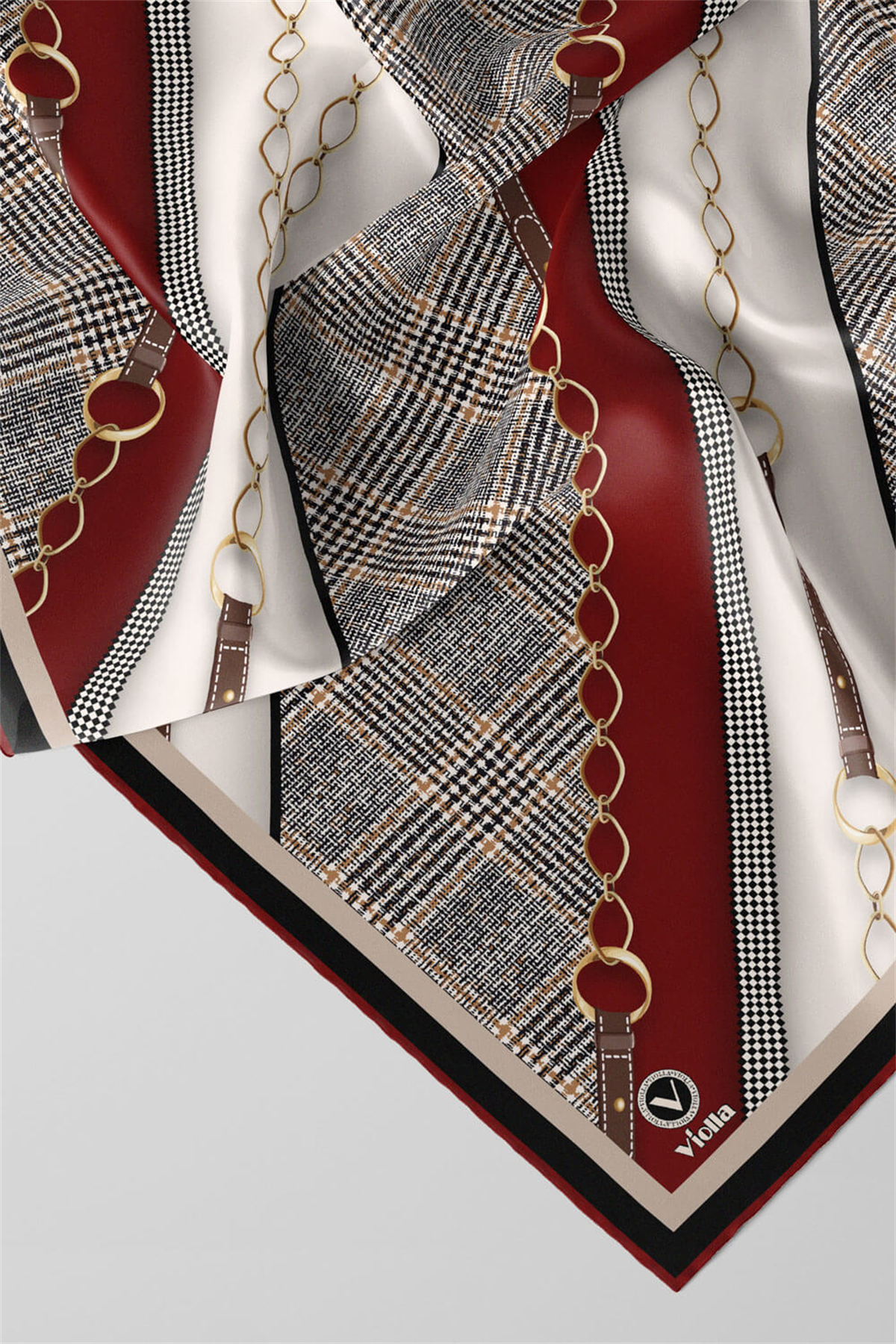 Twill Kemer Desenli Bordo Renkli 90x90 Eşarp (İpek İçermez) Kenar Dikiş Şekli El Dikişli