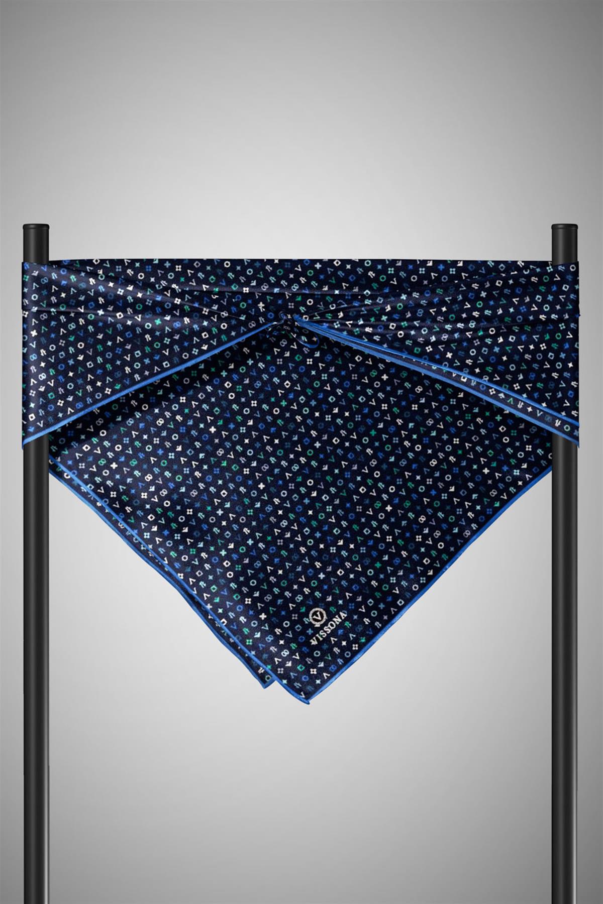%100 Twill İpek Çıtır Motif Desenli Lacivert - İndigo Renkli 90x90 Eşarp Dikim Şekli : El Dikişi