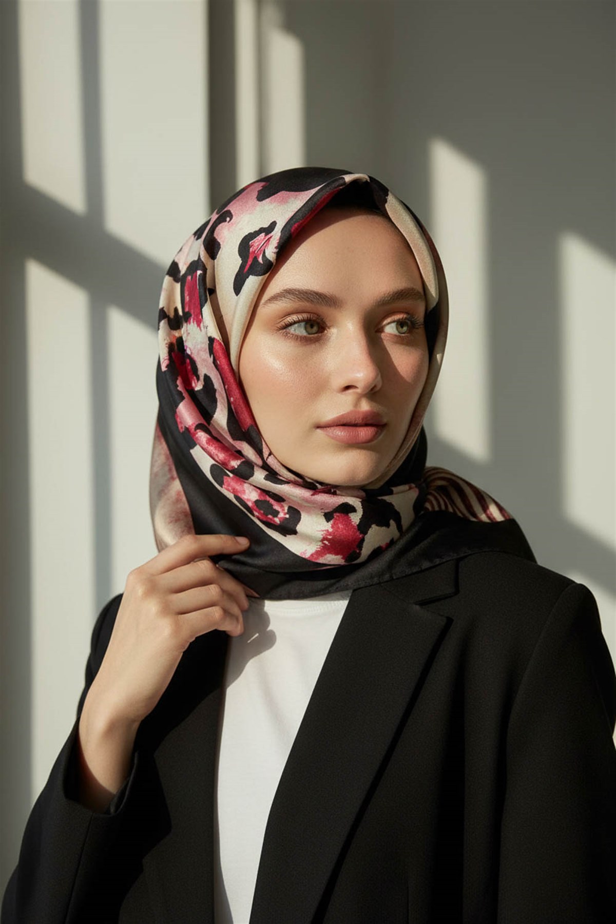 %100 Twill İpek Leopar Ve Geometrik Desenli Bordo Renkli 90x90 Eşarp Dikim Şekli : El Dikişi