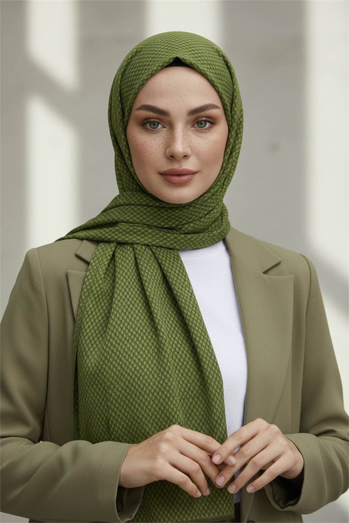 KREP HASIR DESENLİ HAKİ RENKLİ 75X195 KIRIŞMAZ ŞAL