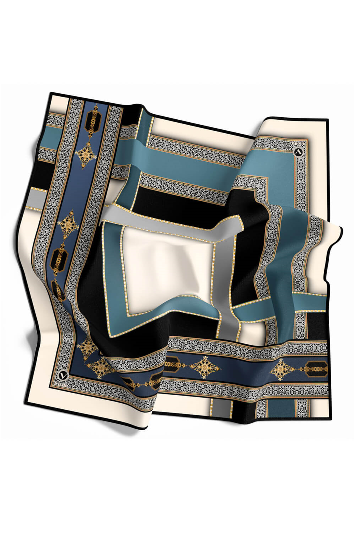 Twill Gold Detaylı ve Antik Motif Desenli İndigo Renkli 90x90 Eşarp (İpek İçermez) Kenar Dikiş Şekli El Dikişli