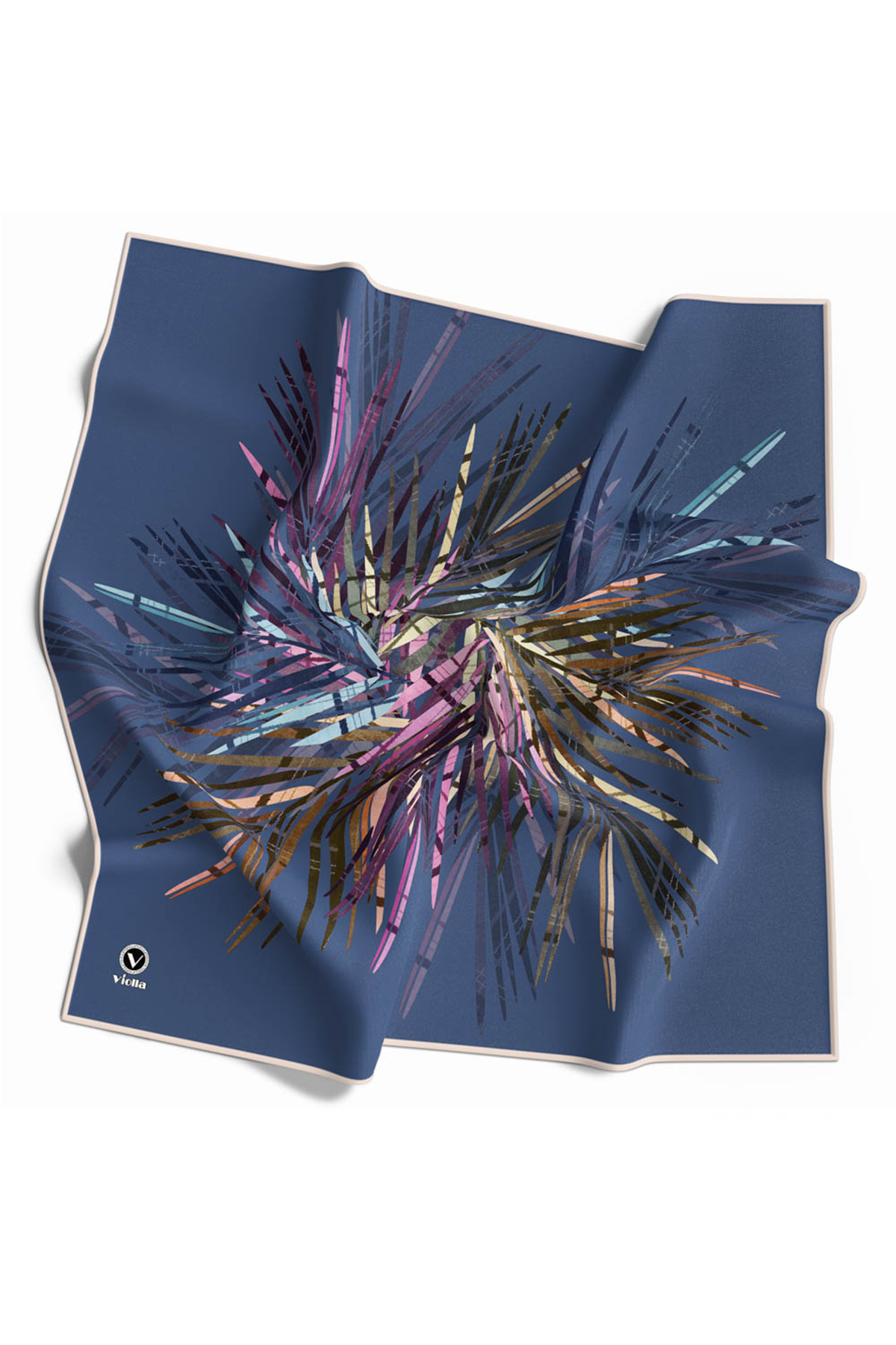 Twill Havai Fişek Desenli İndigo Renkli 90x90 Eşarp (İpek İçermez) Kenar Dikiş Şekli El Dikişli