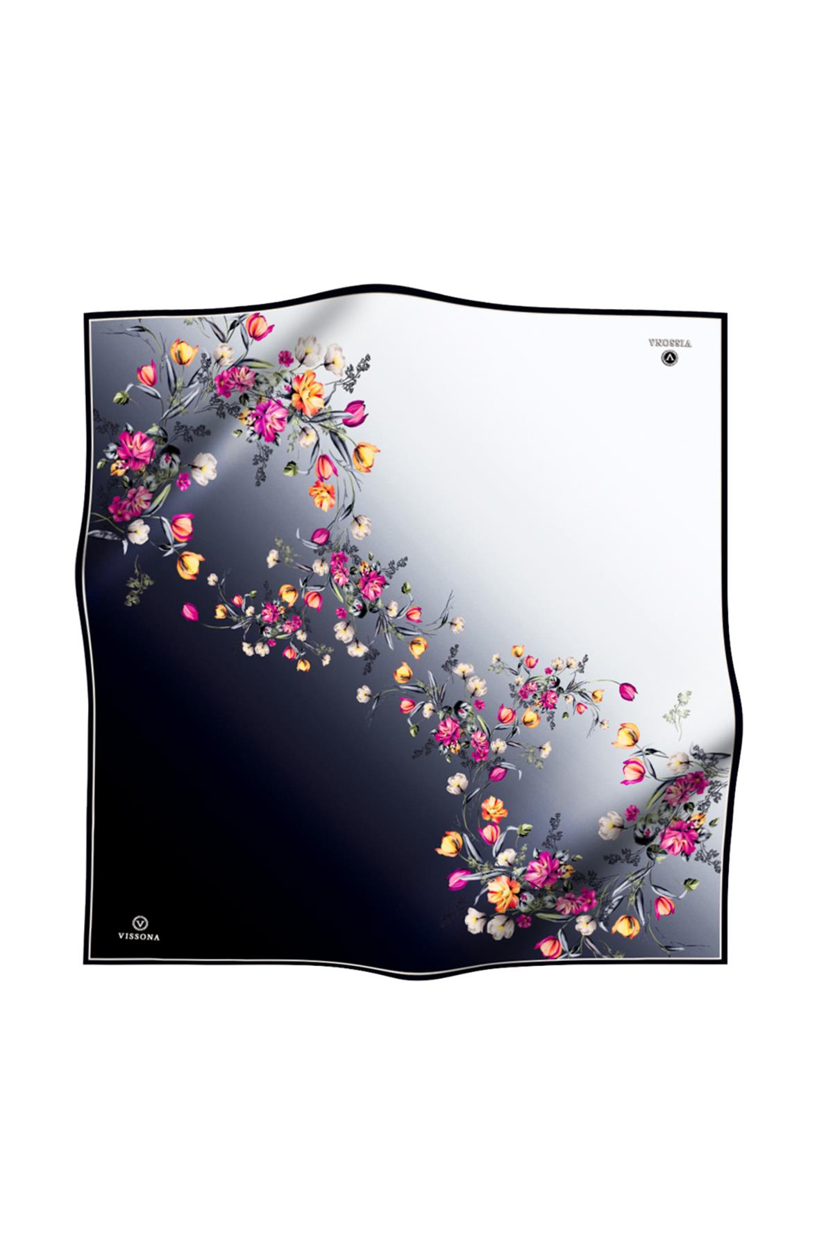 %100 Twill İpek Sonsuz Çiçek Desenli Siyah Renkli 90x90 Eşarp Dikim Şekli : El Dikişi