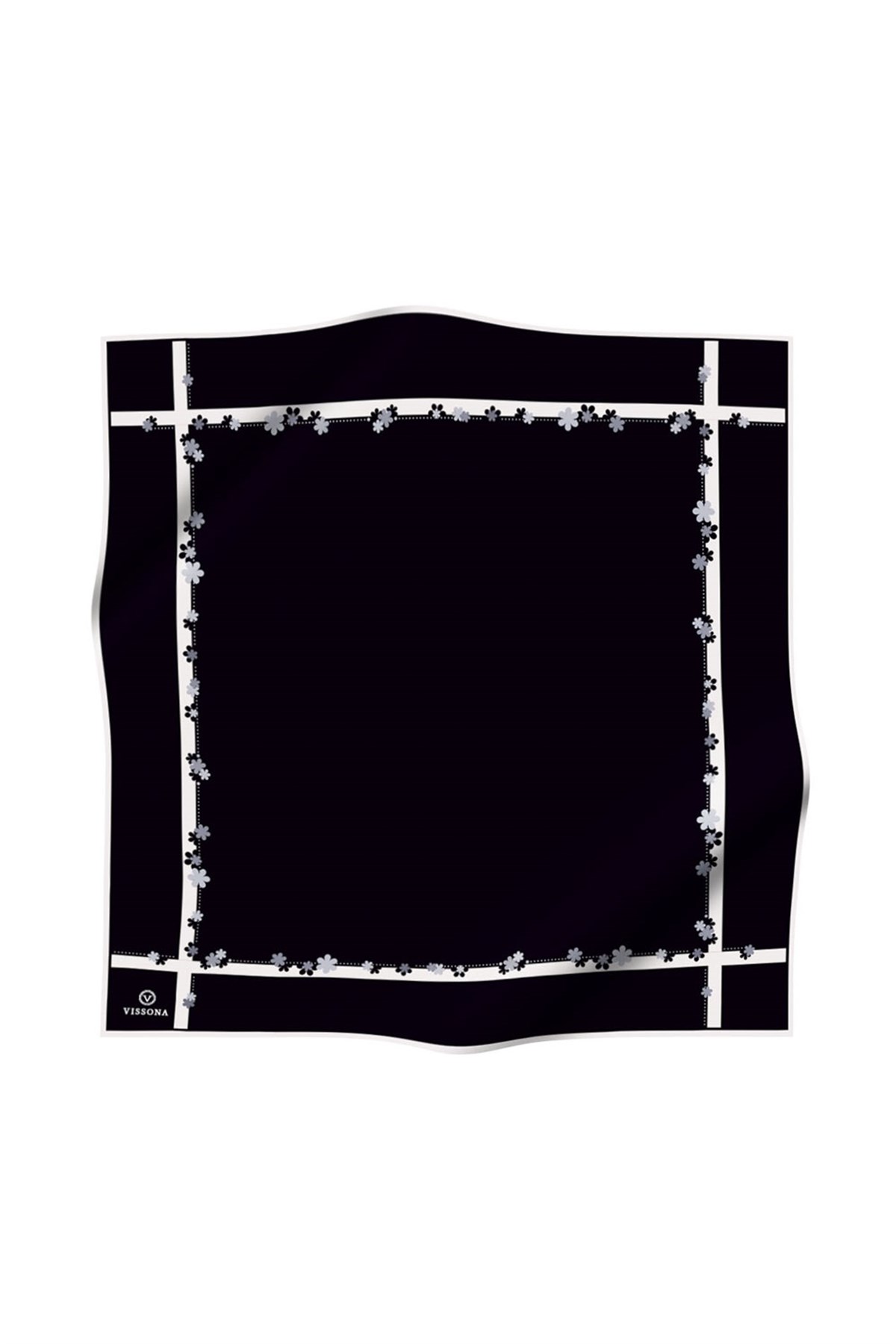 %100 Twill İpek Kenar Motifi Çiçek Desenli Siyah - Krem Renkli 90x90 Eşarp Dikim Şekli : El Dikişi