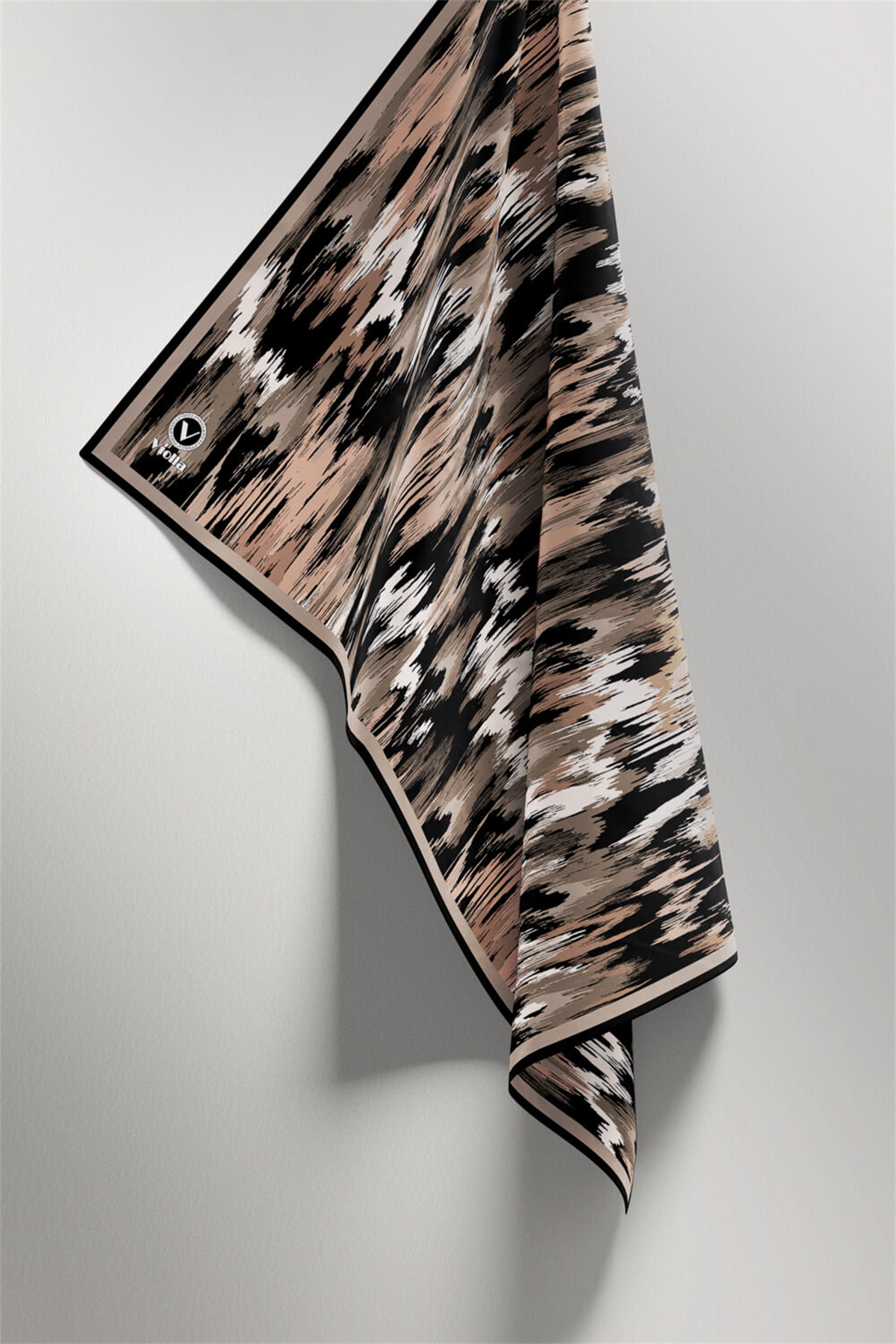 Twill Fırça Desenli Bej Renkli 90x90 Eşarp (İpek İçermez) Kenar Dikiş Şekli El Dikişli