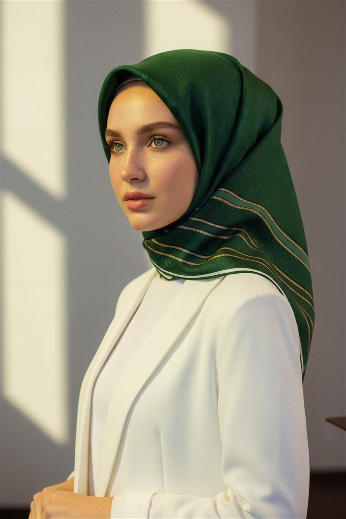 %100 Twill İpek Monogram Desenli Zümrüt Yeşili - Mint Yeşili Renkli 90x90 Eşarp Dikim Şekli : El Dikişi
