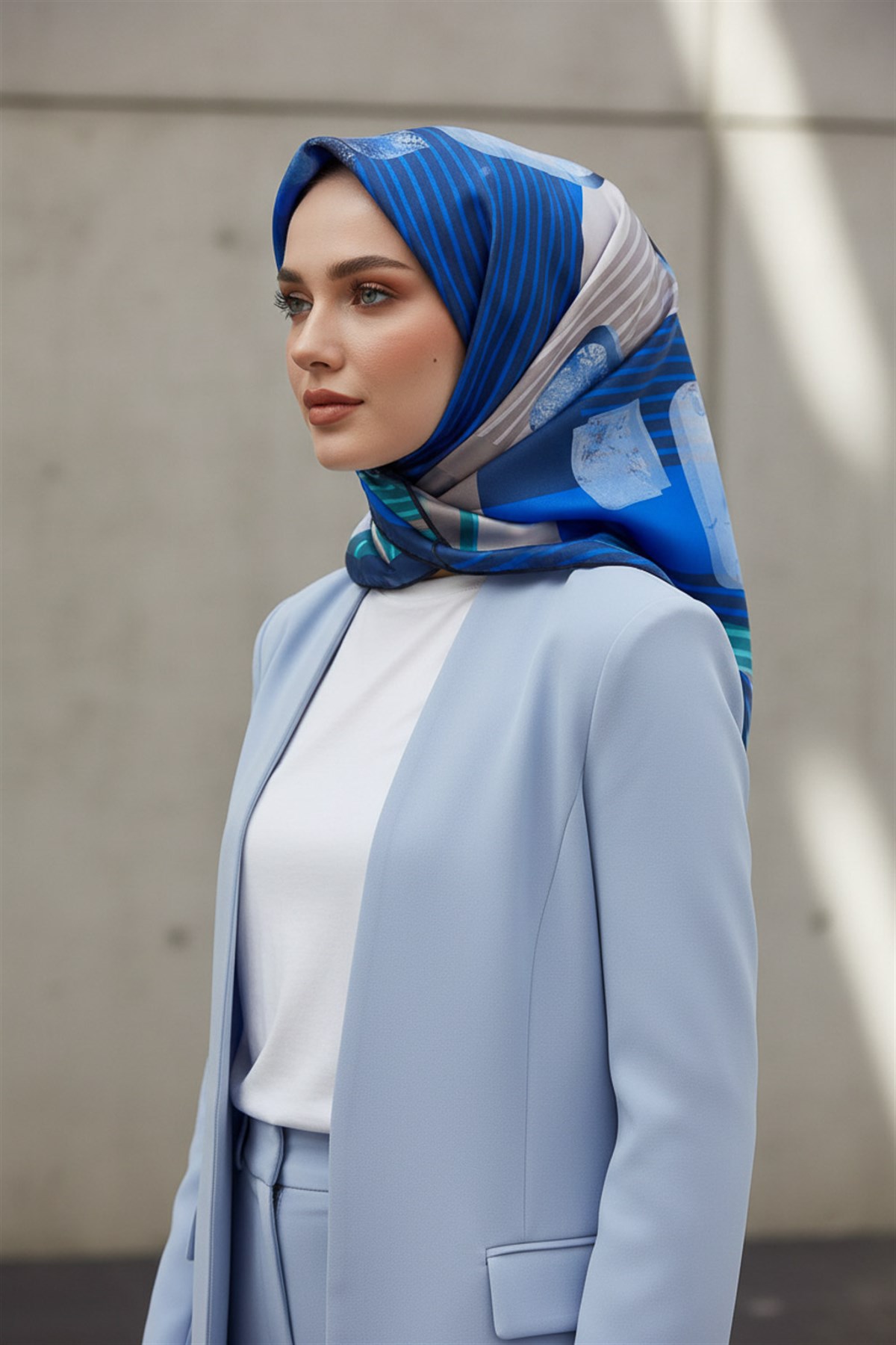 %100 Twill İpek Geometrik Desenli Saks - Mint Yeşili Renkli 90x90 Eşarp Dikim Şekli : El Dikişi