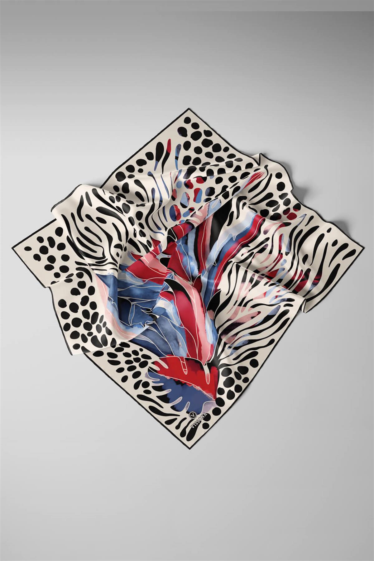 %100 Twill İpek Amazon Desenli Kırmızı- İndigo Renkli 90x90 Eşarp Kenar Dikiş Şekli El Dikişli