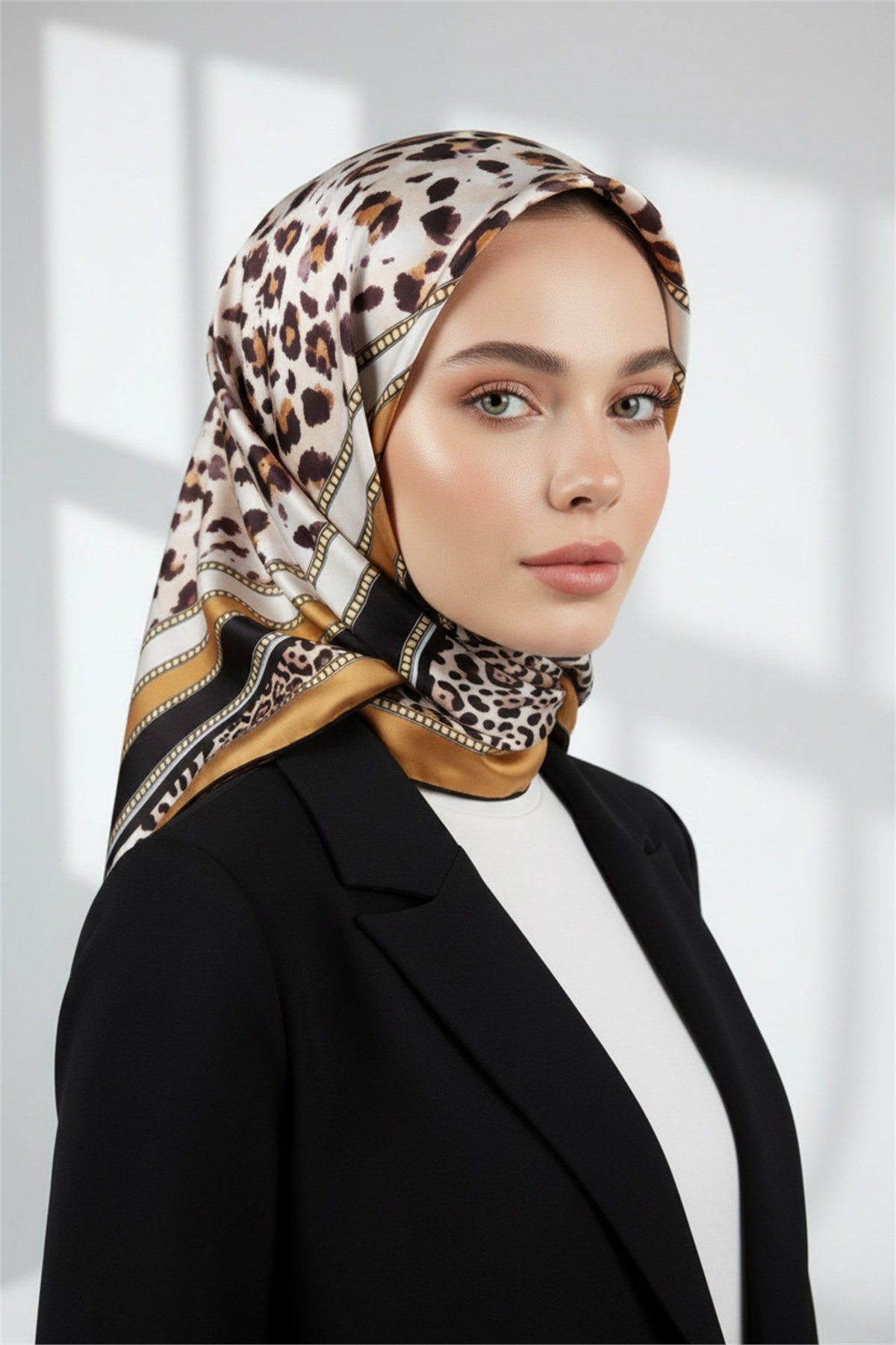 Twill Kemerli ve Leopar Desenli Hardal Renkli 90x90 Eşarp (İpek İçermez) Dikim Şekli : El Dikişi