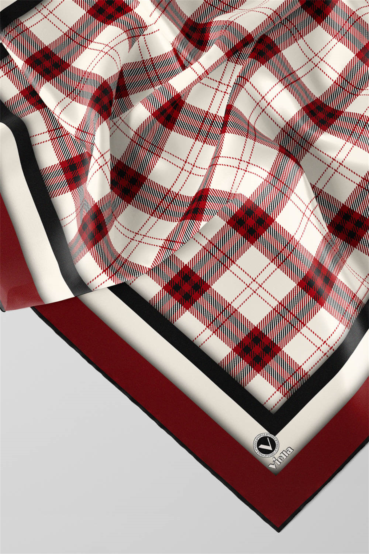Twill Ekose Desenli Bordo Renkli 90x90 Eşarp (İpek İçermez) Kenar Dikiş Şekli El Dikişli