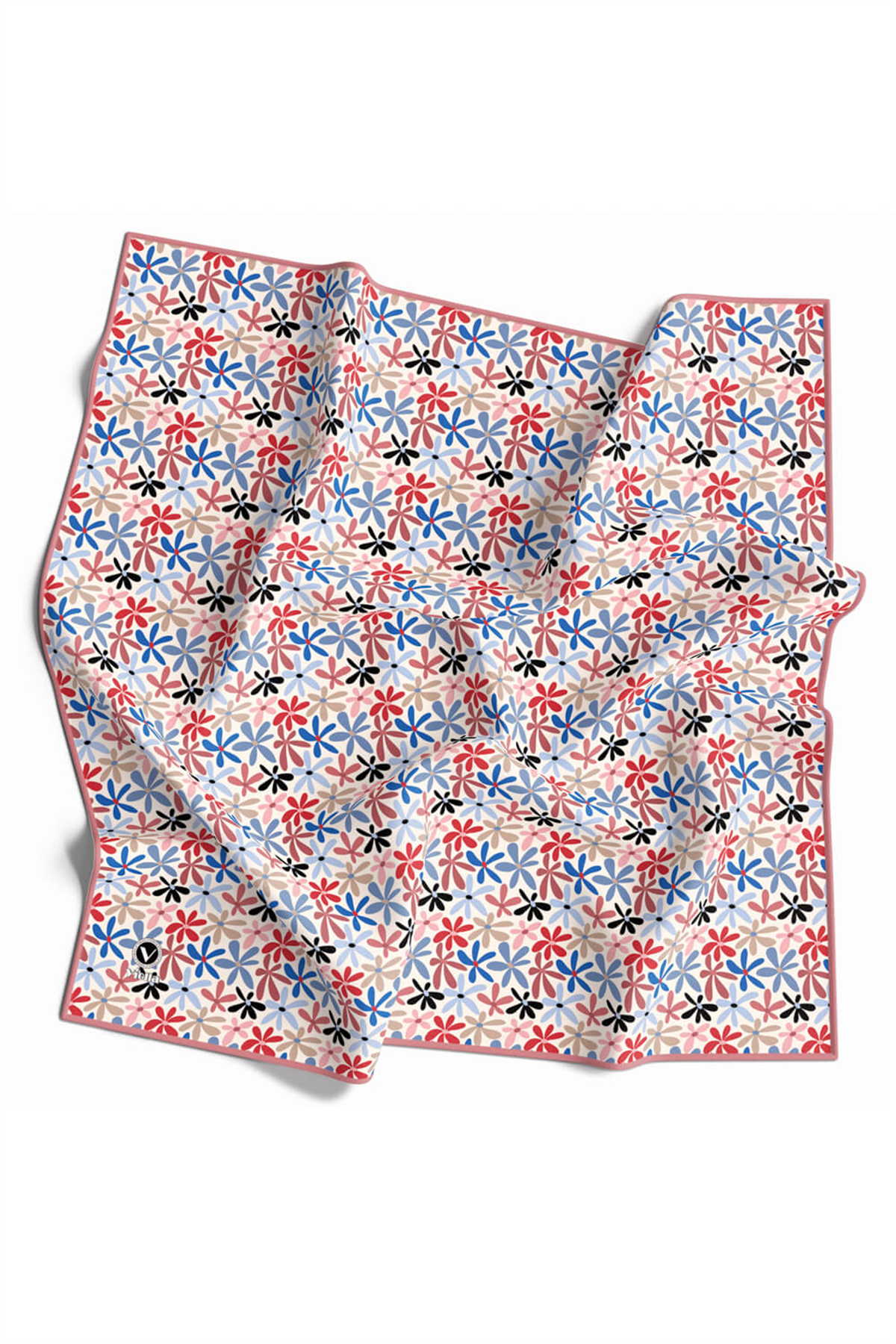 Twill Renkli Çiçek Desenli Pudra - Bebe Mavisi Renkli 90x90 Eşarp (İpek İçermez) Kenar Dikiş Şekli El Dikişli