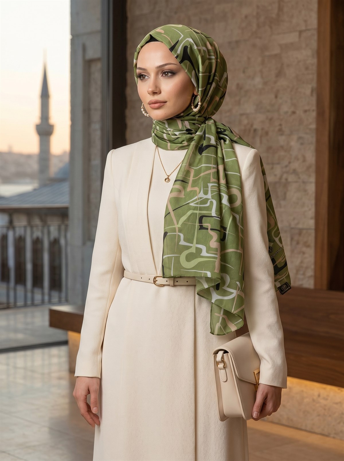 %100 Saf İpek Şal İnce Saten Vual Dokuma Çizgili Desenli Haki Renkli 90x210 Şal