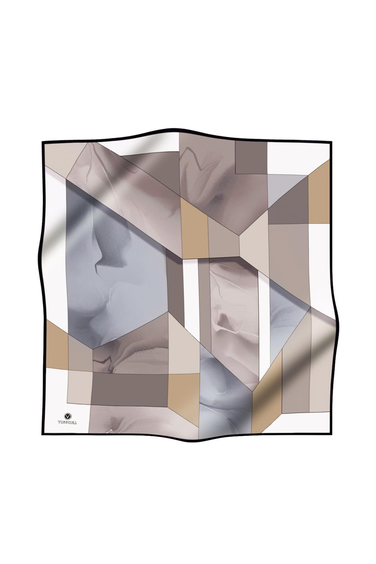 %100 Twill İpek Geometrik Desenli Bej - Gri  Renkli 90x90 Eşarp Dikim Şekli : El Dikişi