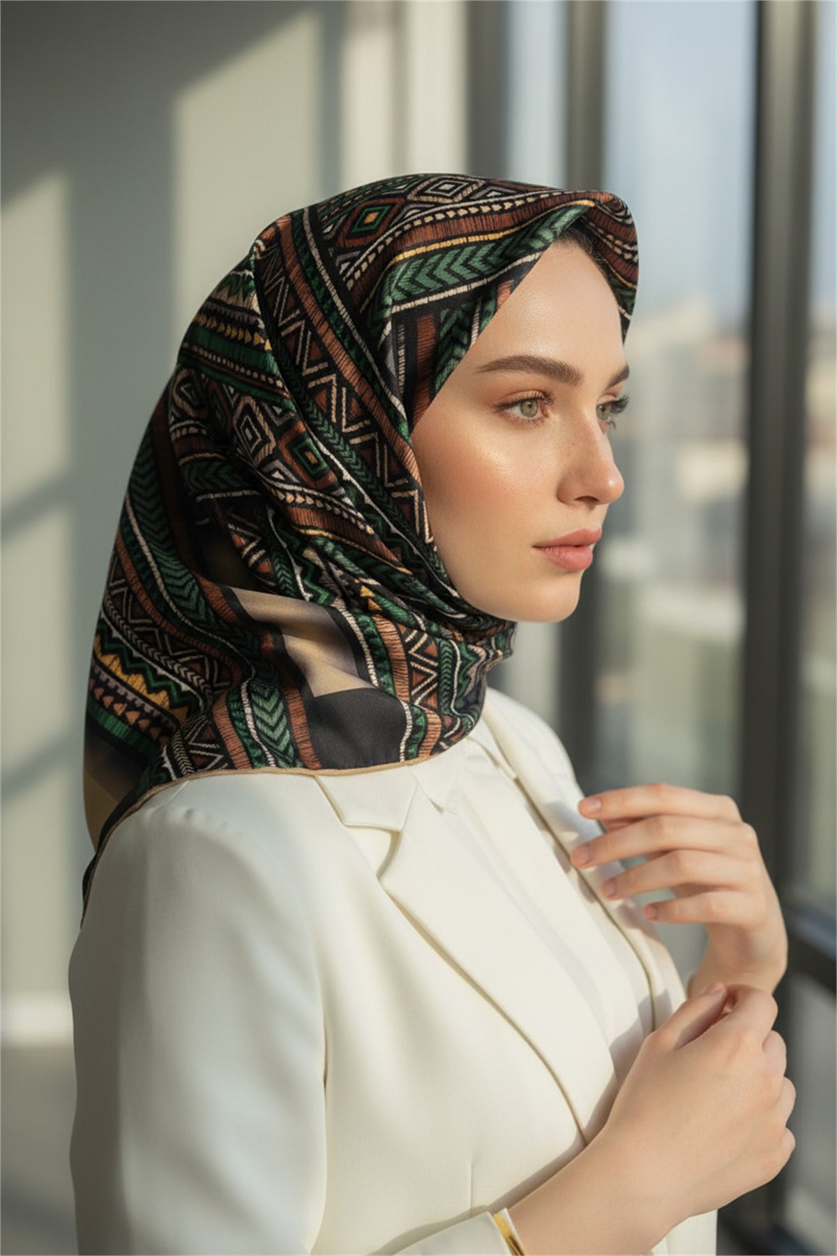 %100 Twill İpek Eşarp 90x90 Bej Zümrüt Yeşili Etnik Desenli El Dikişli Kadın Eşarp
