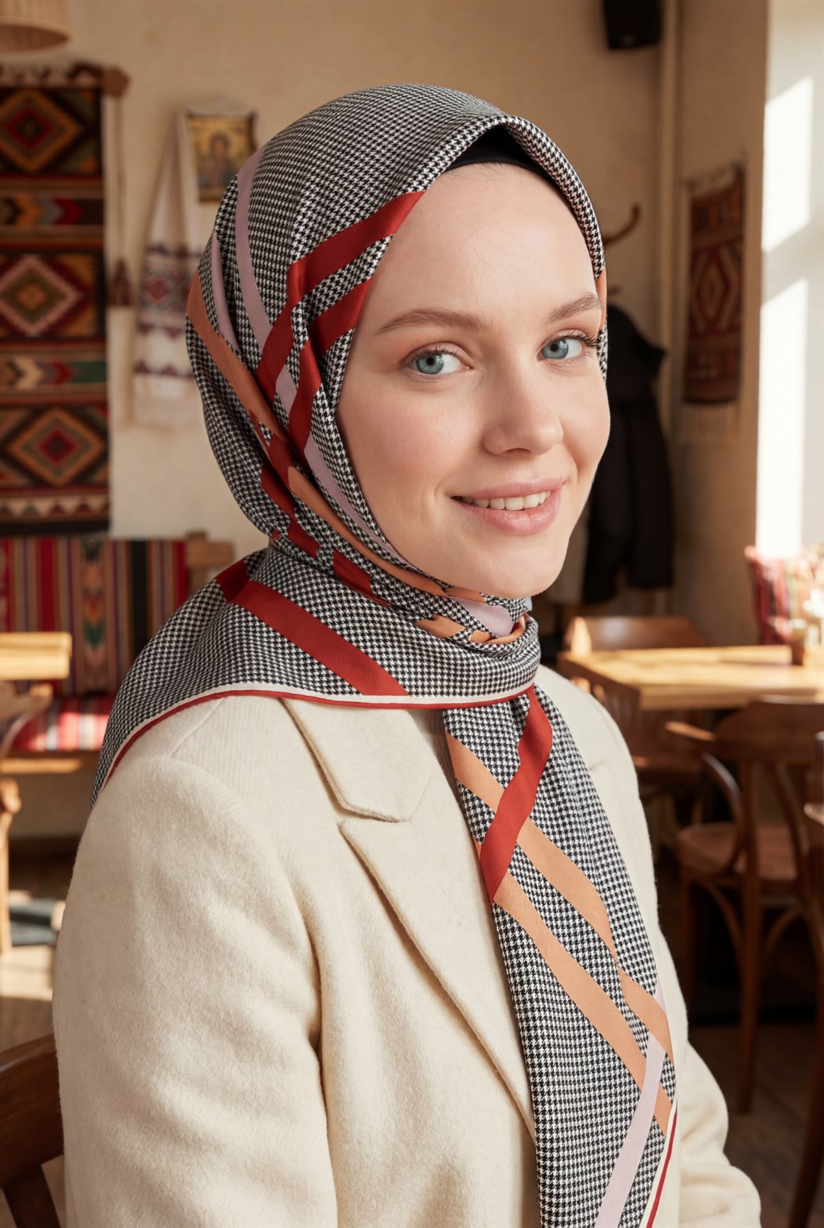 Twill Çizgili Pötikareli Çizgili Desenli Taba - Bej Renkli 90x90 Eşarp (İpek İçermez)