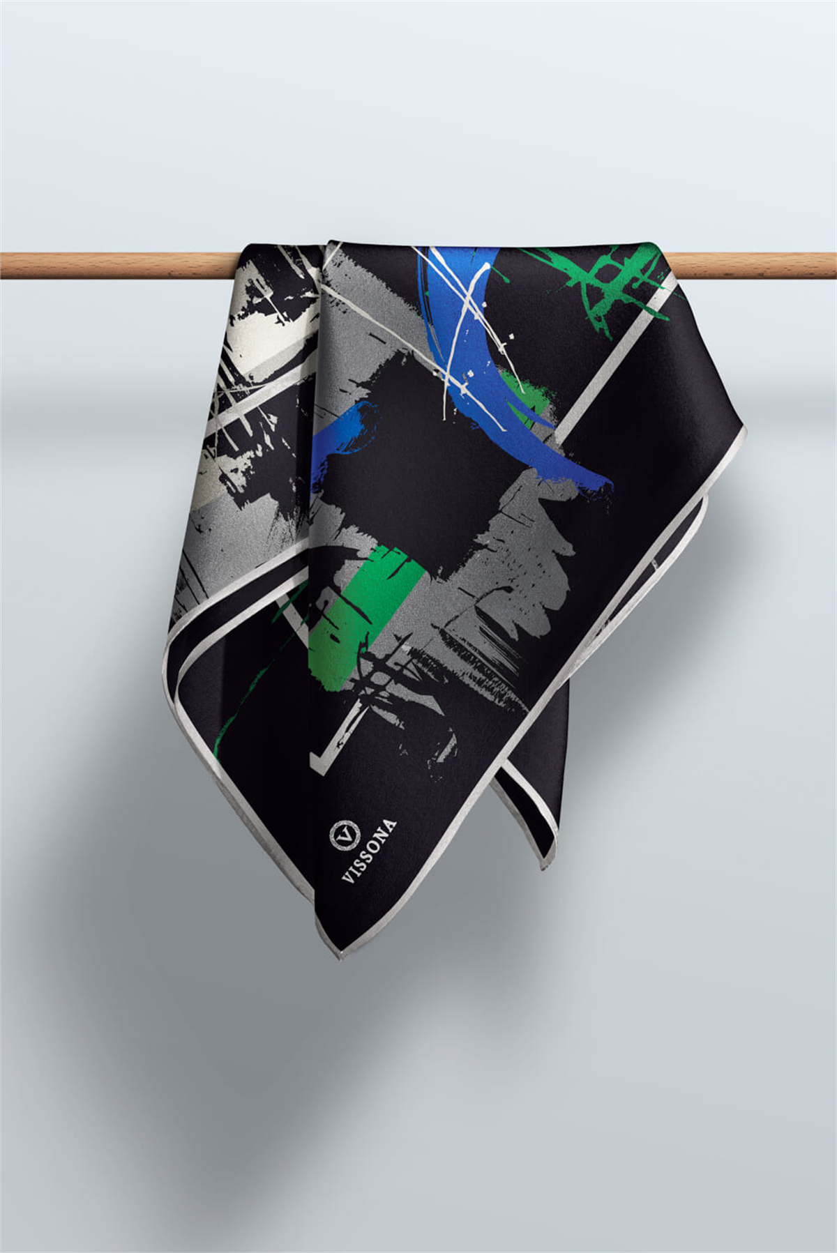 % 57 İPEK % 43 VİSKON Twill İpek Geometrik Desenli Saks - Zümrüt Yeşili Renkli 90x90 Eşarp Dikim Şekli : El Dikişi