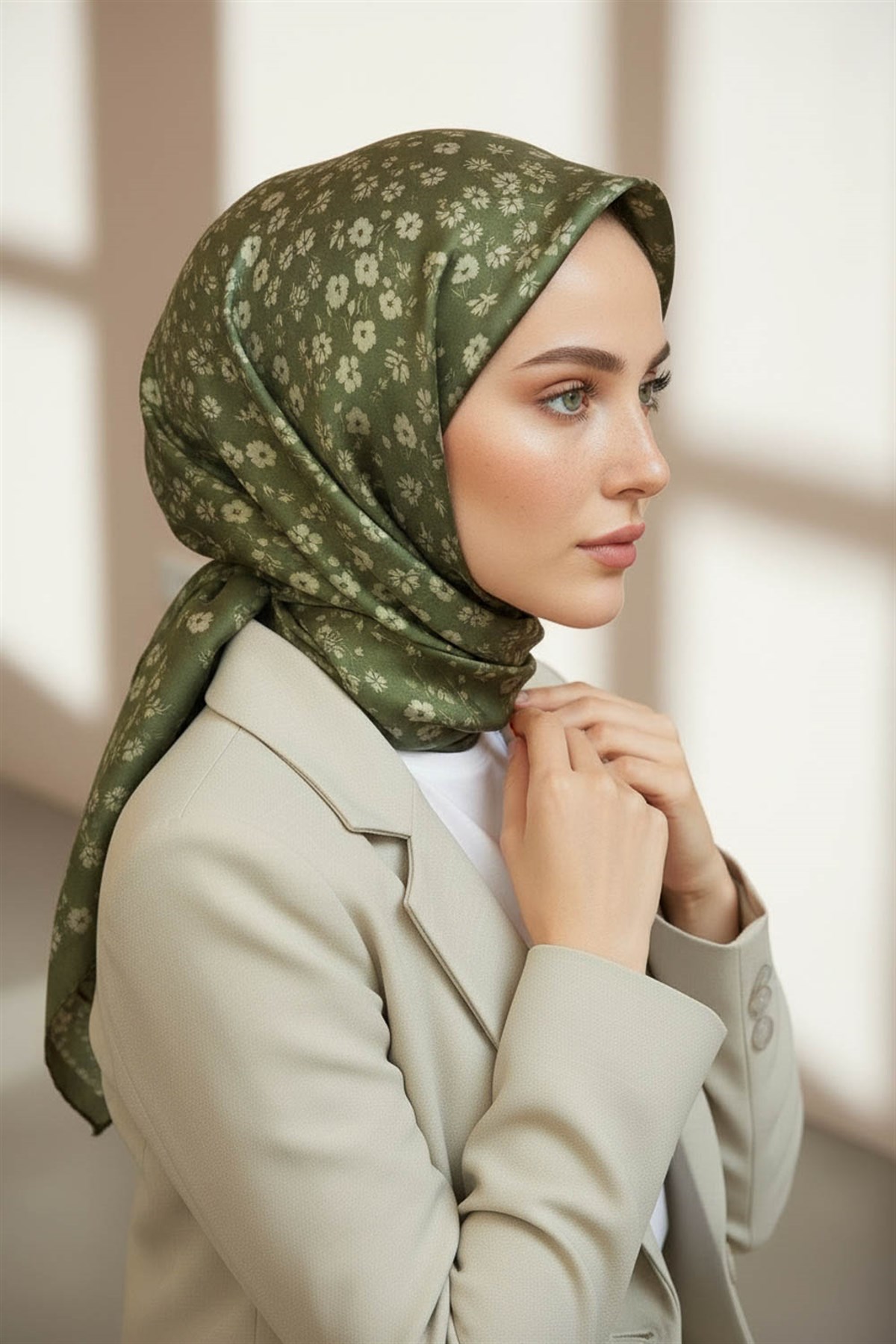 %100 Twill İpek Çıtır Çiçek Desenli Haki Renkli 90x90 Eşarp Dikim Şekli : El Dikişi