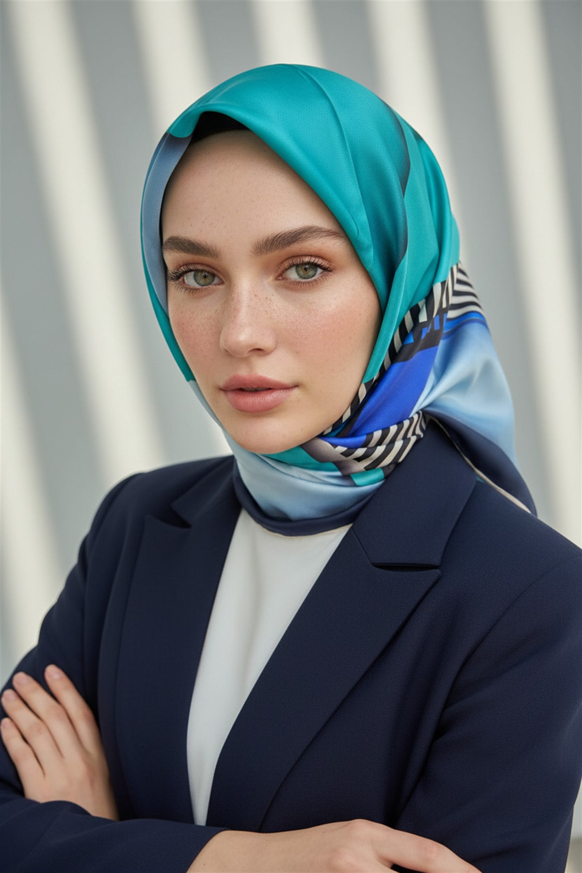 %100 Twill Renk Bloklu Çizgili Desenli Bebe Mavisi - Saks Renkli 90x90 Eşarp Dikim Şekli: El Dikişii