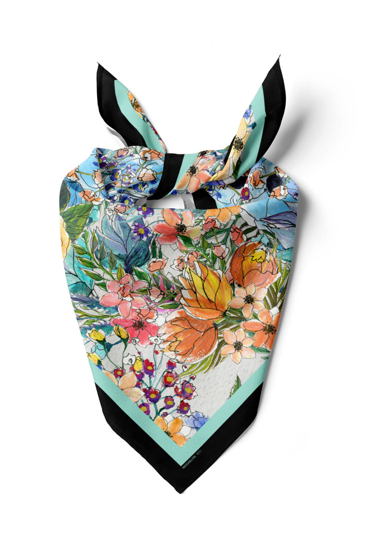 F43 Kadın Su Yeşili Siyah Jardin Desenli 50x50 Bandana HYL DG01111-22