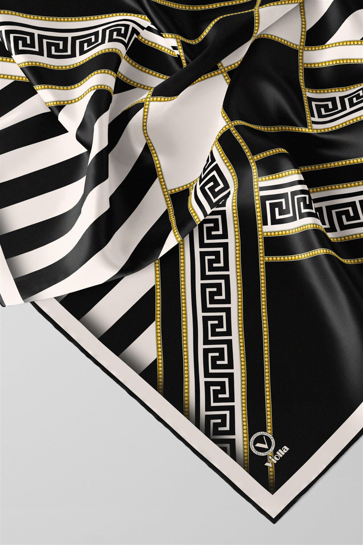 Twill Çizgili Geometrik Desenli Siyah Renkli 90x90 Eşarp (İpek İçermez) Kenar Dikiş Şekli El Dikişli