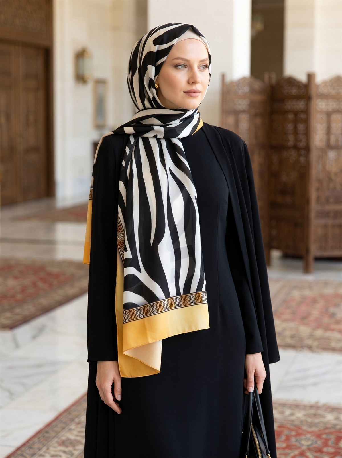 %100 Saf İpek Şal İnce Saten Vual Dokuma Zebra Desenli 90x210 Şal