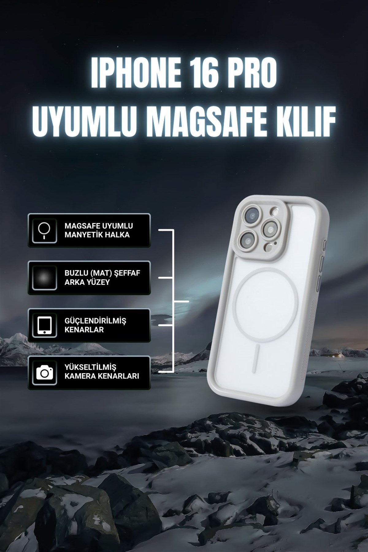 iPhone 16 Pro Uyumlu Kamera Korumalı Magsafe Wireless Şarj Özellikli Mat Silikon Gri renkli Silikon Telefon Kılıfı