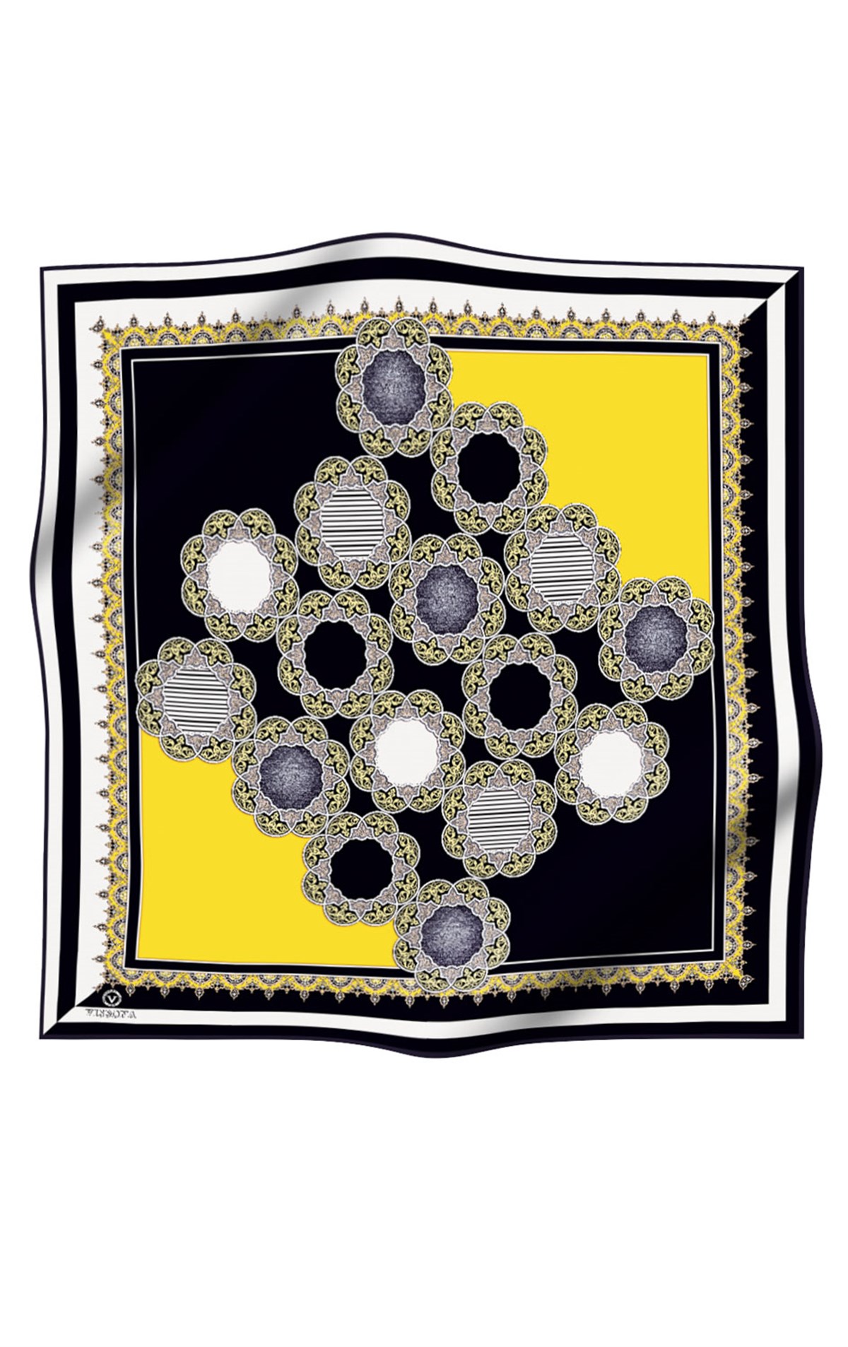 %100 Twill Türk Motifi  Desenli Siyah - Limon Sarısı Renkli 90x90 Eşarp Dikim Şekli: El Dikişi
