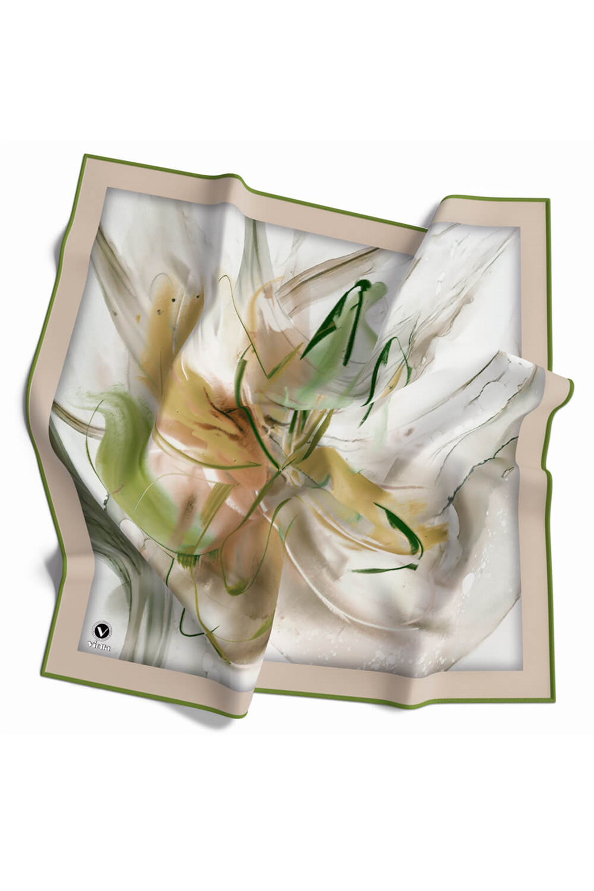 Twill Çiçek Tablo Desenli Haki Yeşili Renkli 90x90 Eşarp (İpek İçermez) Kenar Dikiş Şekli El Dikişli