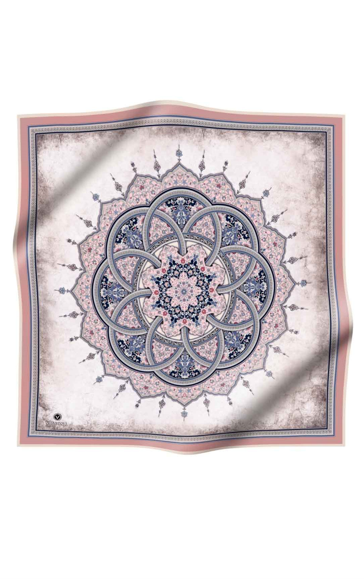 % 57 İPEK % 43 VİSKON Twill İpek Şal Desenli Pudra - Bebe Mavisi Renkli 90x90 Eşarp Dikim Şekli : El Dikişi