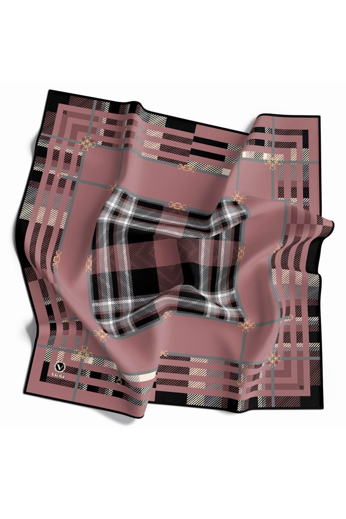 Twill Kemerli ve Ekose Desenli Pudra Renkli 90x90 Eşarp (İpek İçermez)Kenar Dikiş Şekli El Dikişli