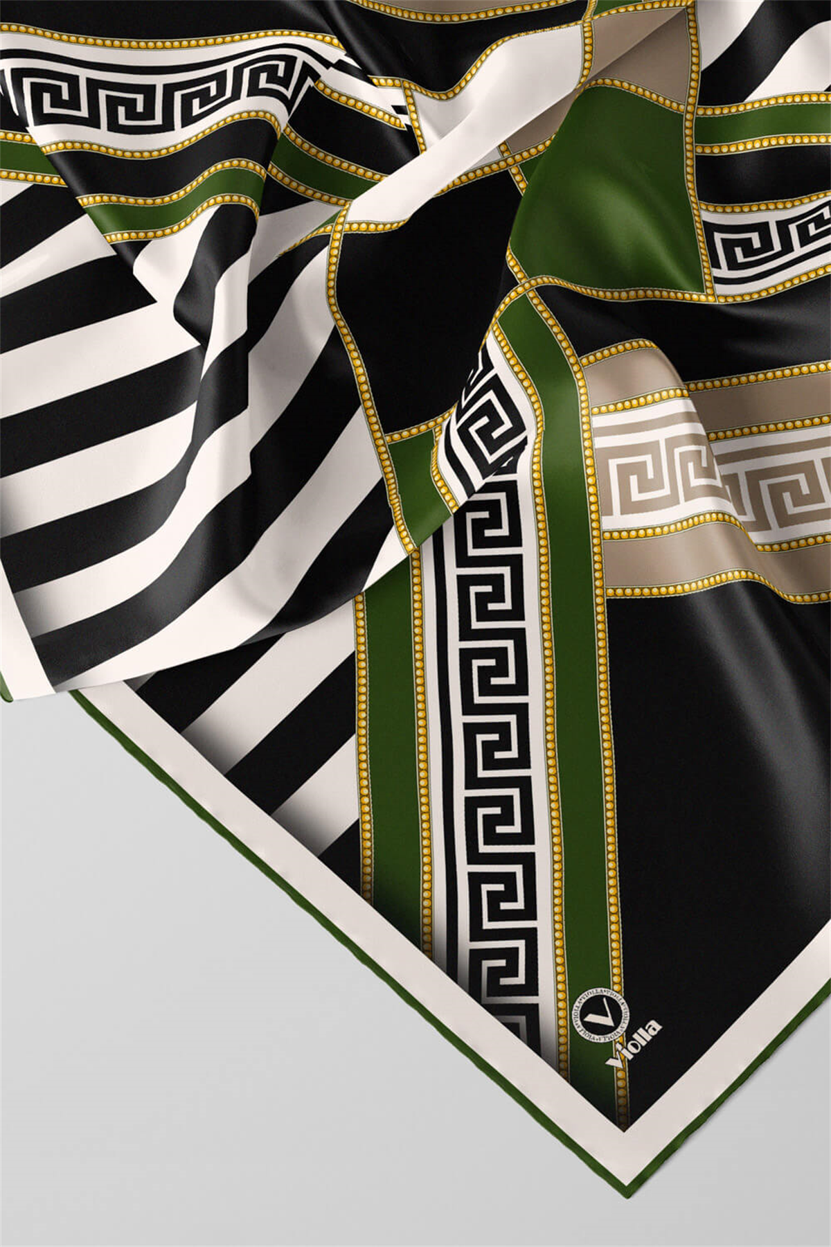 Twill Çizgili Geometrik Desenli Zümrüt Yeşili Renkli 90x90 Eşarp (İpek İçermez) Kenar Dikiş Şekli El Dikişli
