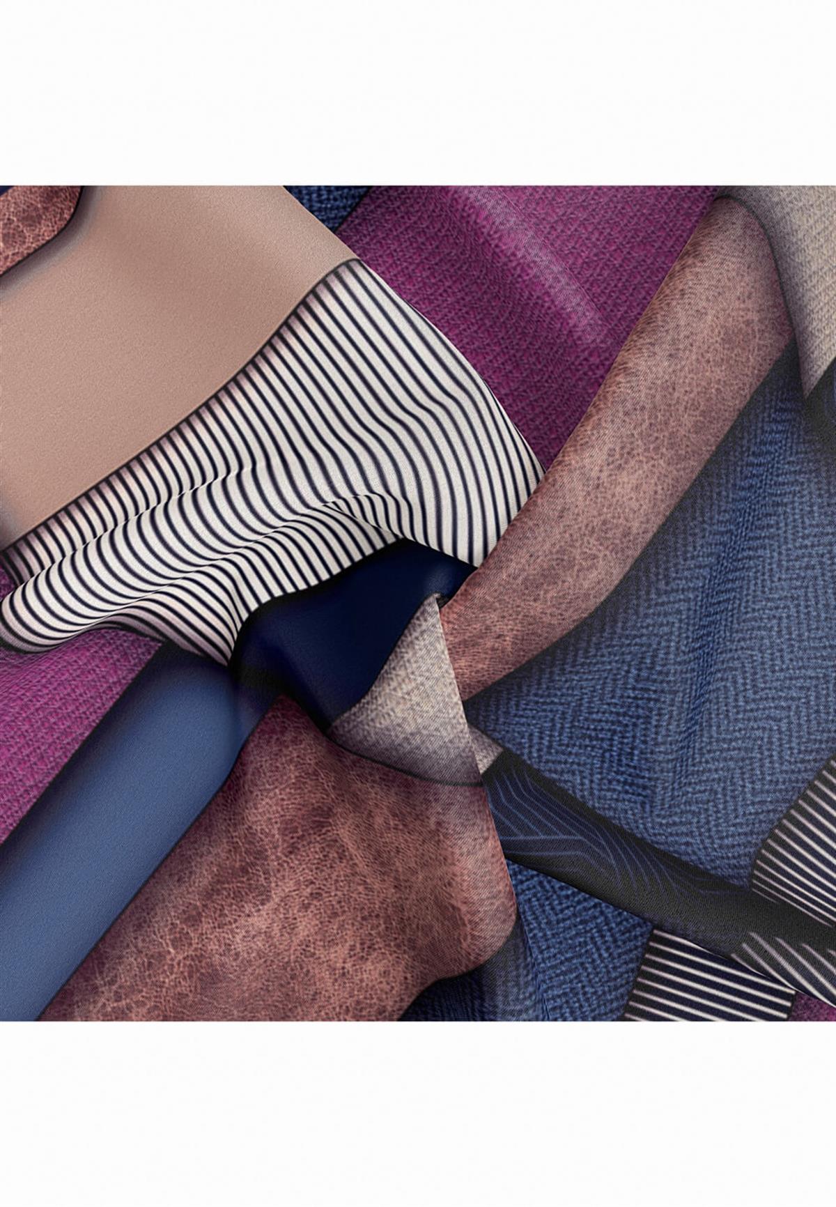 %100 Twill İpek Dokulu ve Geometrik Desenli Lacivert - Mürdüm Renkli 90x90 Eşarp Dikim Şekli : El Dikişi
