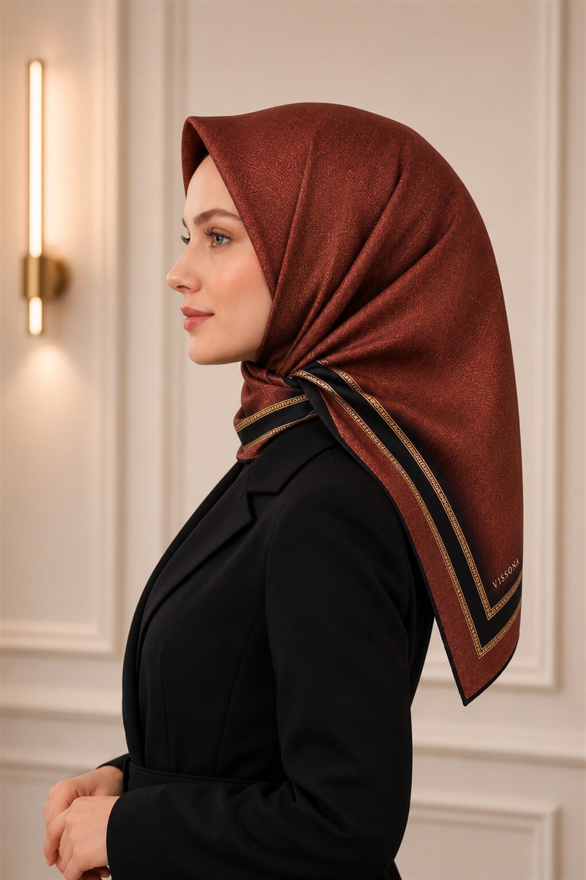 %100 Twill İpek Dokulu Şerit Desenli Siyah - Taba Renkli 90x90 Eşarp Dikim Şekli : El Dikişi