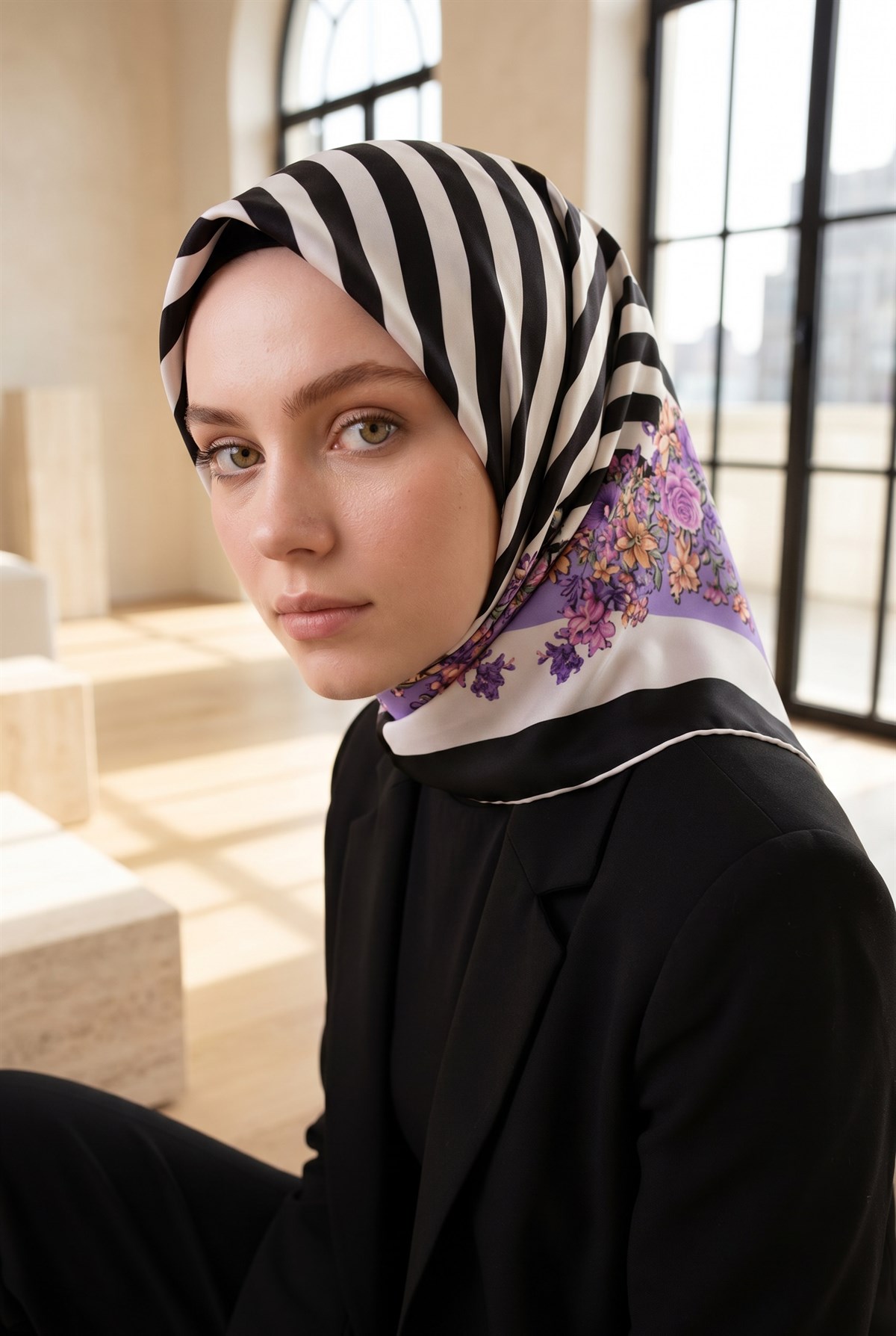 %100 Twill İpek Çıtır Çiçekli Ve Çizgi Desenli Siyah - Lila Renkli 90x90 Eşarp Dikim Şekli : El Dikişi