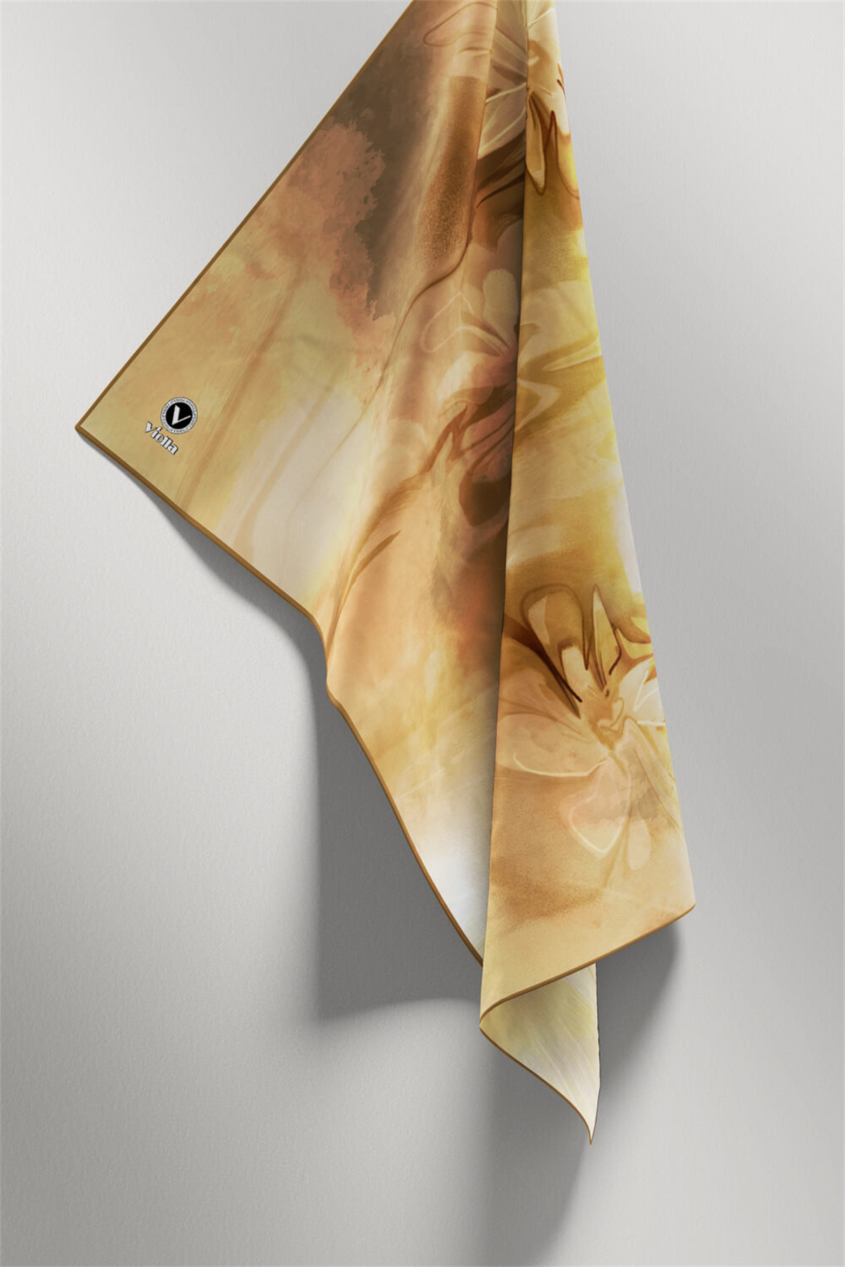 Twill Batik Çiçek Desenli Hardal Renkli 90x90 Eşarp (İpek İçermez) Kenar Dikiş Şekli El Dikişli