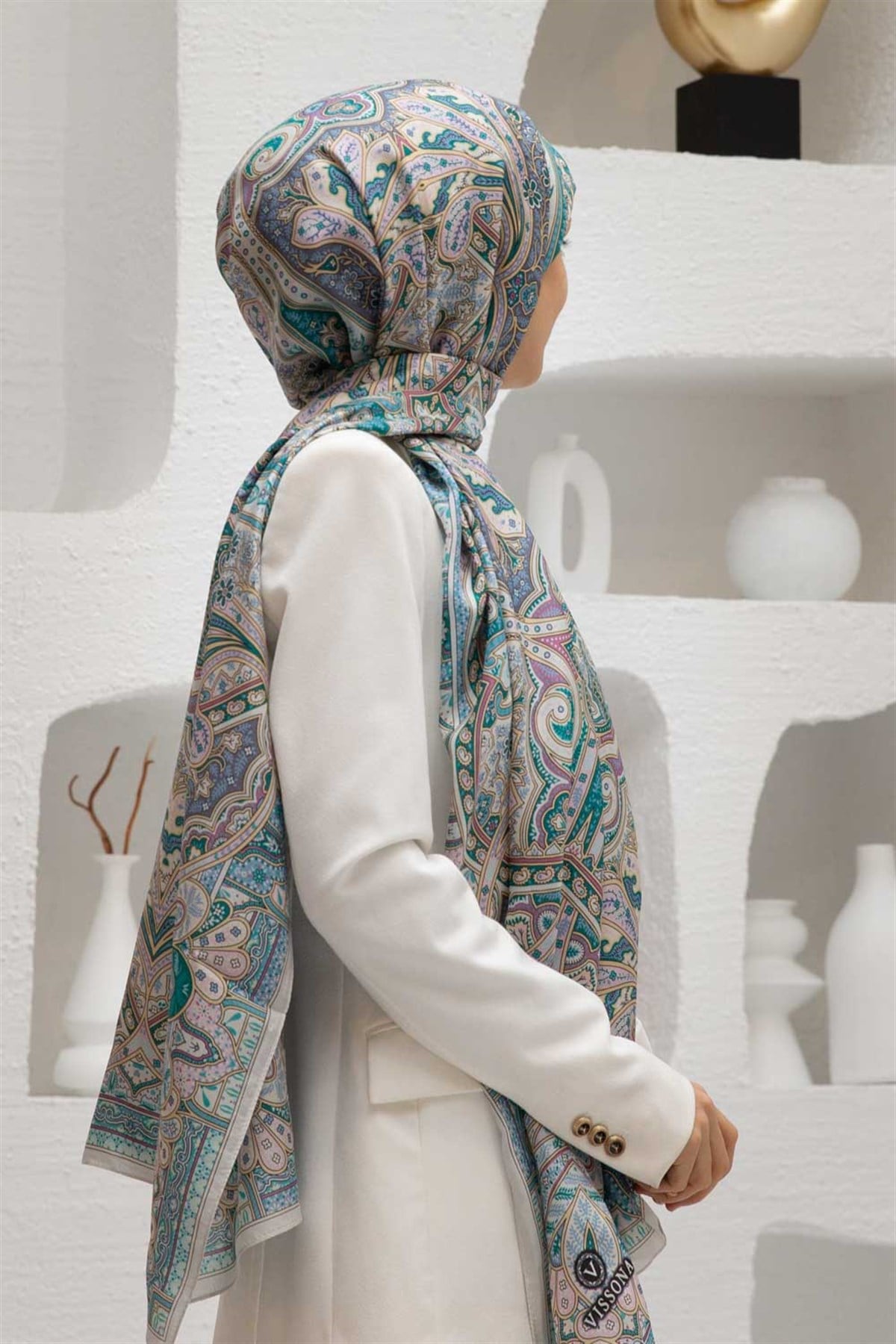 100% İpek Etro Desenli Gri - Gül Kurusu Renkli 92x210 Şal