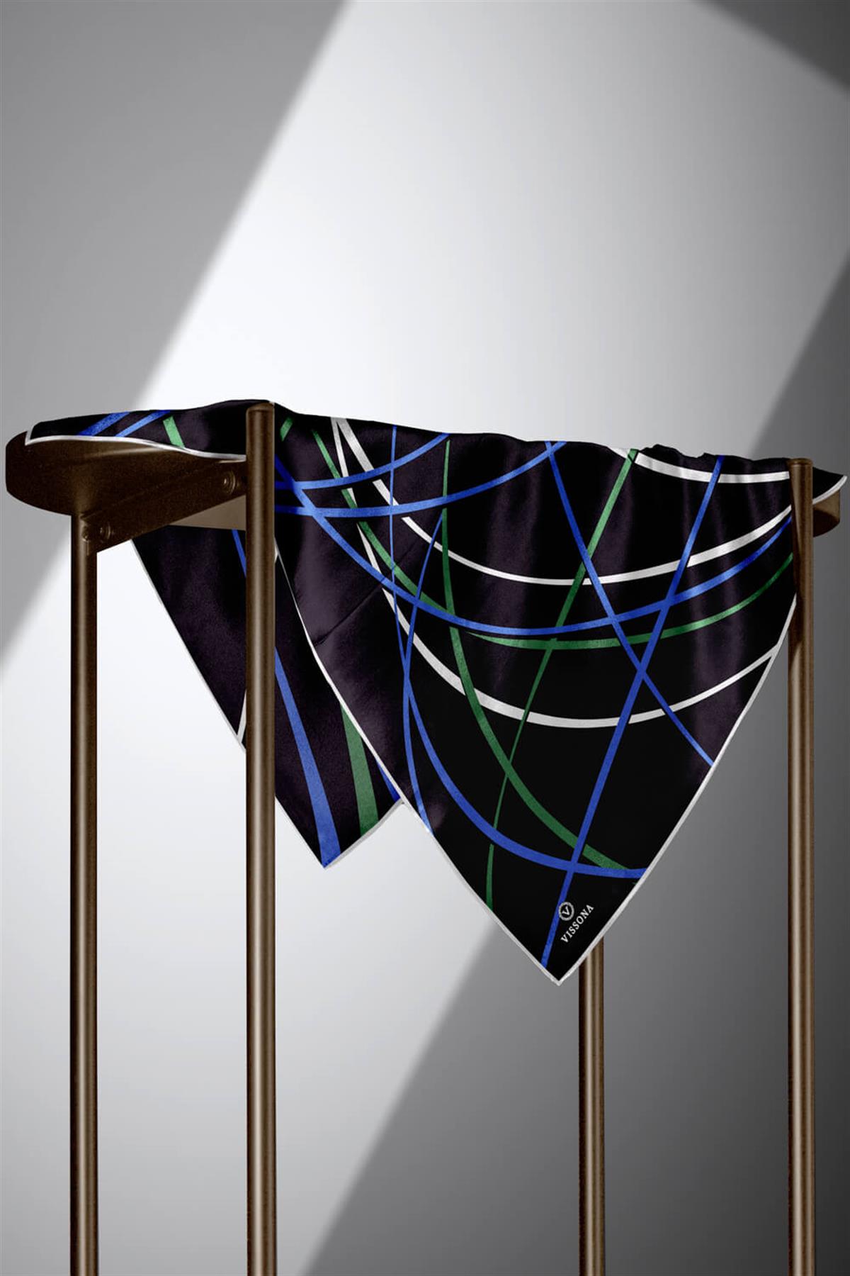 %100 Twill İpek Çizgili Desenli Saks - Zümrüt Yeşili Renkli 90x90 Eşarp Dikim Şekli : El Dikişi