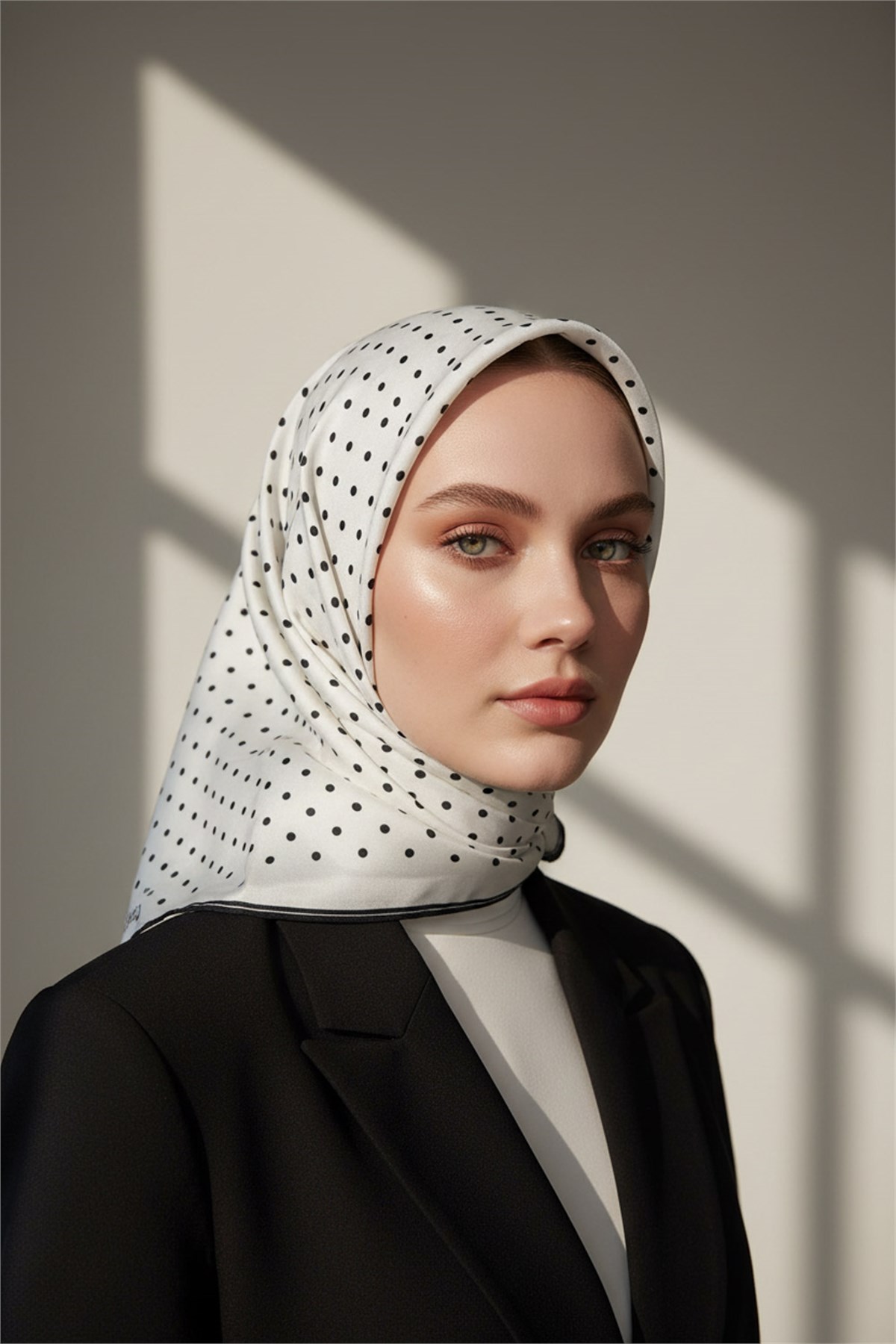 %100 Twill İpek Eşarp 90x90 Puantiye Desenli El Dikişli Kadın Eşarp